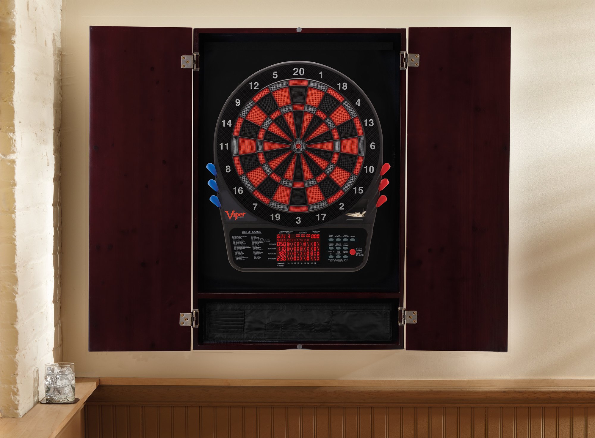 Premium Viper Metropolitan Solid Wood Dartboard Cabinet with Electronic Dartboard - Ready-to-Play Bundle Includes 2 Sets of Soft-Tip Darts & Integrated Storage - Multiple Stain Options for Home Game Rooms, Bars, and Man Caves