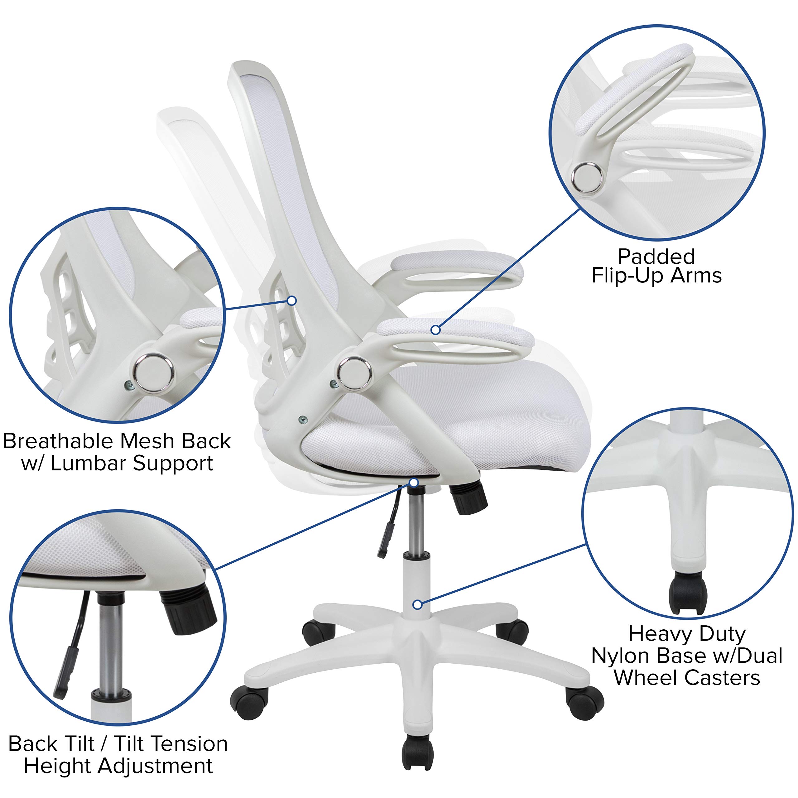 Flash Furniture Porter High-Back Swivel Office Chair with Adjustable Lumbar Support & Height - Ergonomic Mesh Desk Chair with Flip-Up Armrests, White - Perfect for Home Office, Gaming & Workspaces