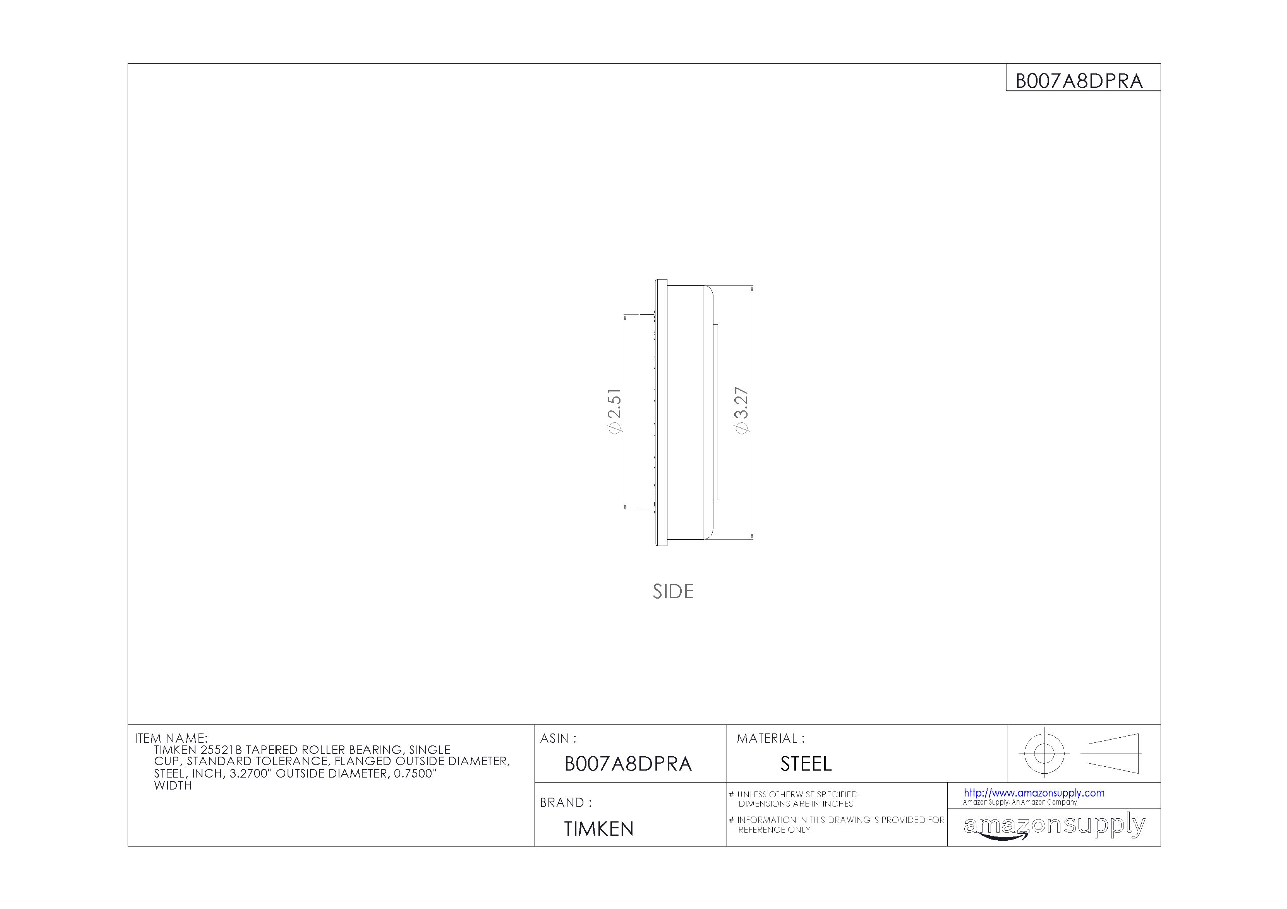 Timken 25521B Tapered Roller Bearing - Single Cup, Standard Tolerance, Flanged OD, Steel Construction (3.27