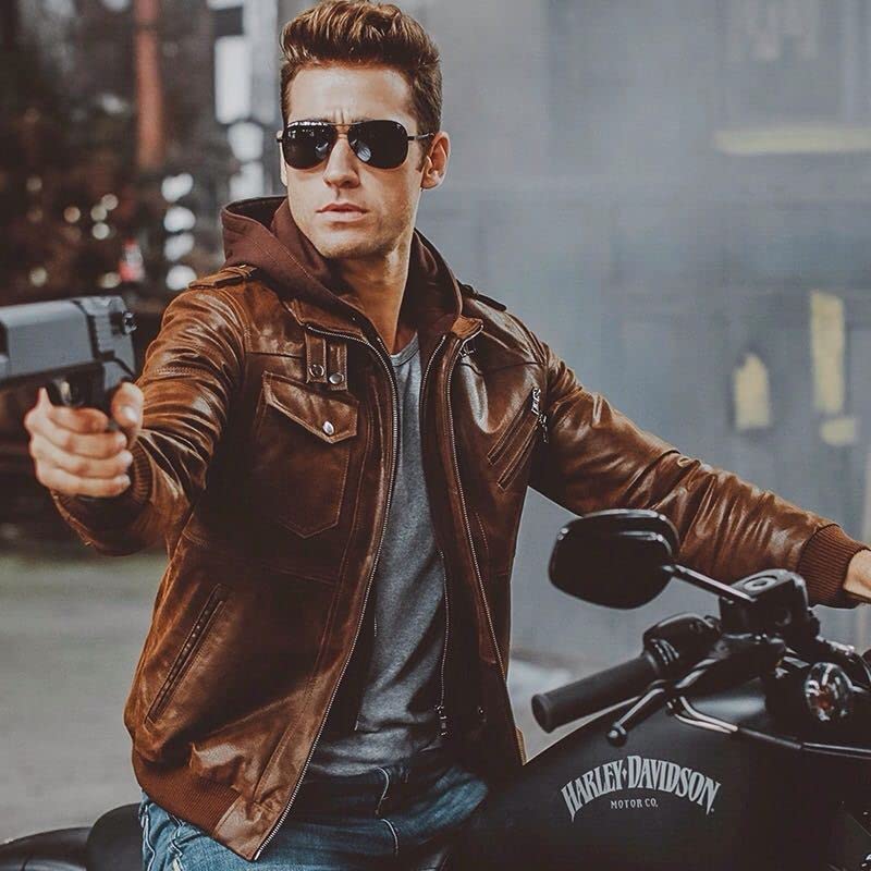 Men's Brown Genuine Leather Motorcycle Jacket with Detachable Hood - Windproof Biker Jacket for Riding, Outdoor Adventures & Casual Wear