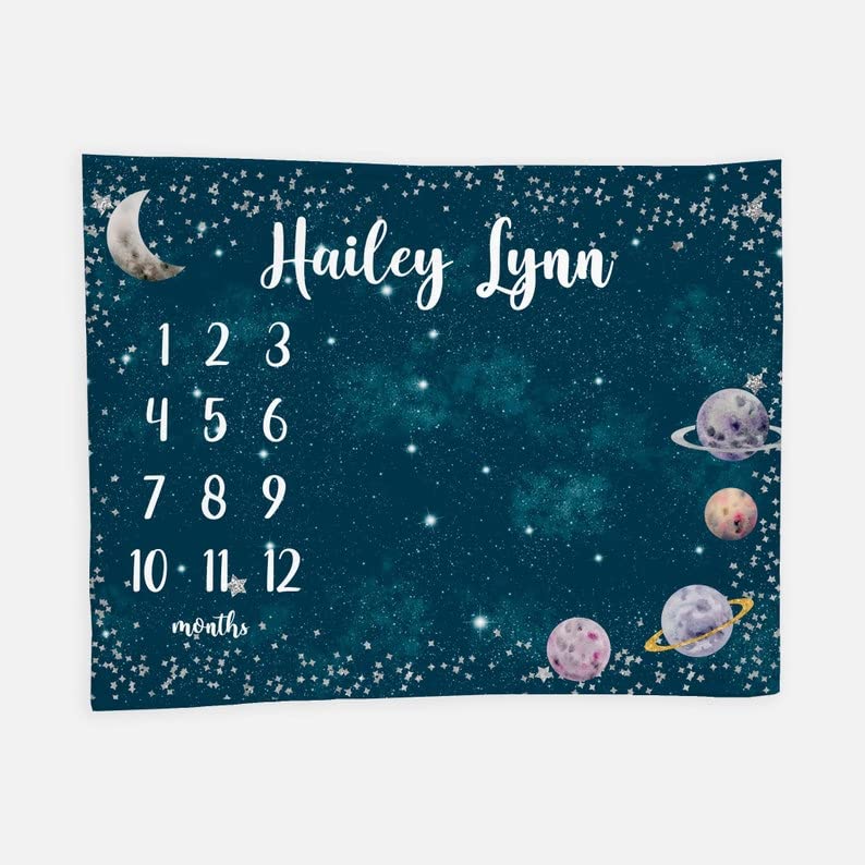 Outer Space Baby Milestone Blanket with Stars and Planets - Galaxy Themed Monthly Growth Blanket for Newborns & Infants | Perfect for Baby Photos, Nursery Decor, and First Birthday Gifts