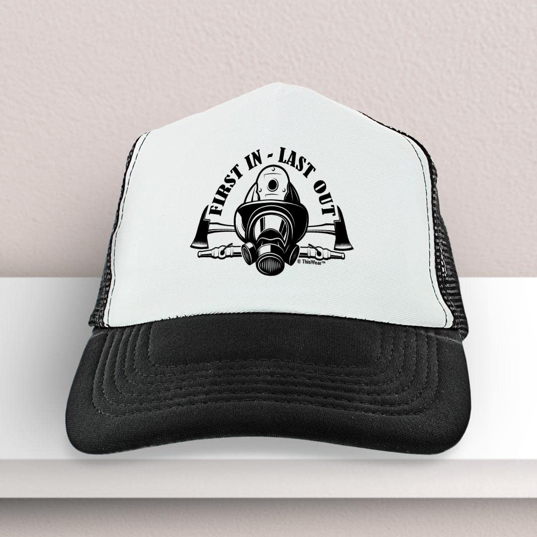 Firefighter First in Last Out Trucker Hat - Adjustable Snapback Cap for Firefighters, EMTs & First Responders - Perfect for Work, Training & Outdoor Activities