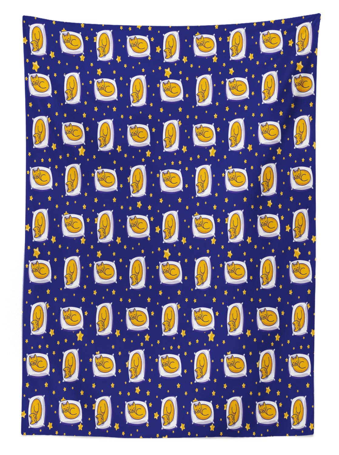 Ambesonne Waterproof Outdoor Tablecloth - Sleeping Cats on Pillows Starry Night Design, Washable Picnic Blanket 58x120 Inches, Earth Yellow & Royal Blue - Perfect for Garden Parties, BBQs, and Outdoor Dining