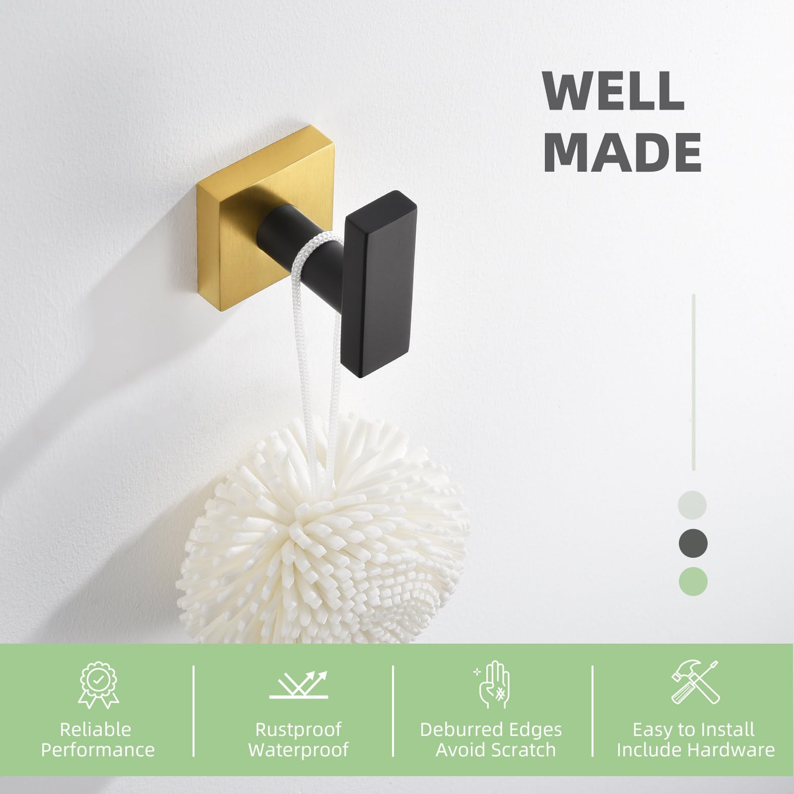 Stainless Steel Angle Simple Towel Hook - Black & Gold Wall Mounted Bathroom & Kitchen Towel Holder, Robe Hook for Home, Hotel, Spa (2 Pack) - Perfect for Hanging Towels, Robes, Aprons & More