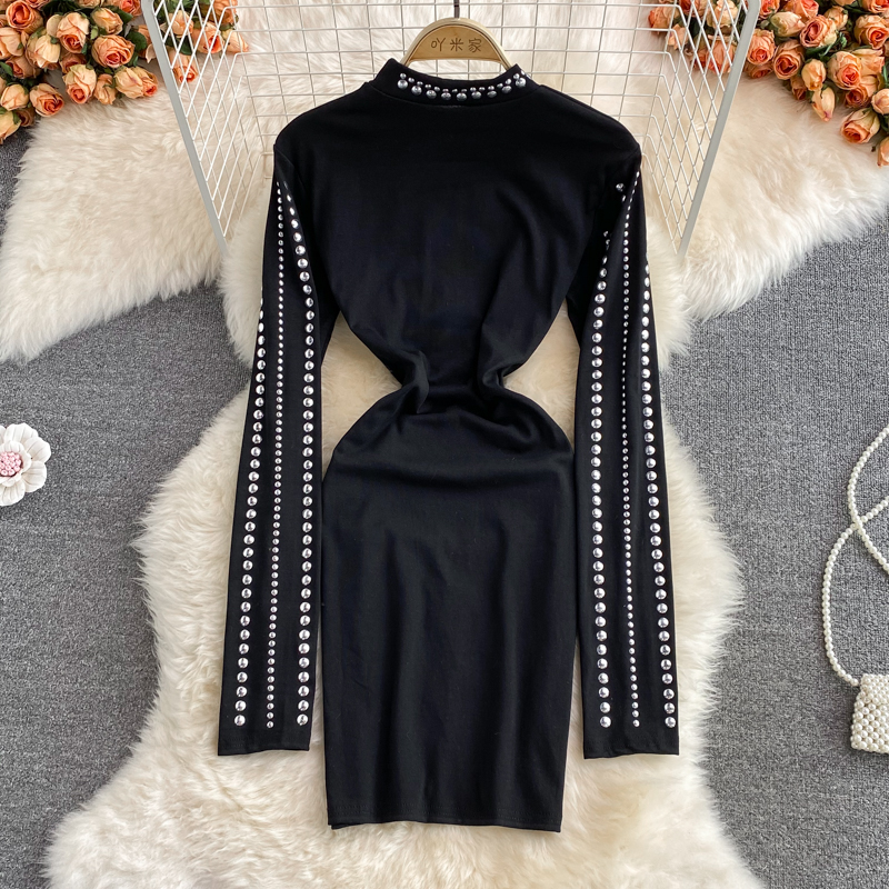 Sexy Beaded Sheath Dress with High Slit & Long Sleeves - Elegant Autumn Evening Gown for Women | Perfect for Cocktail Parties, Date Nights & Holiday Events