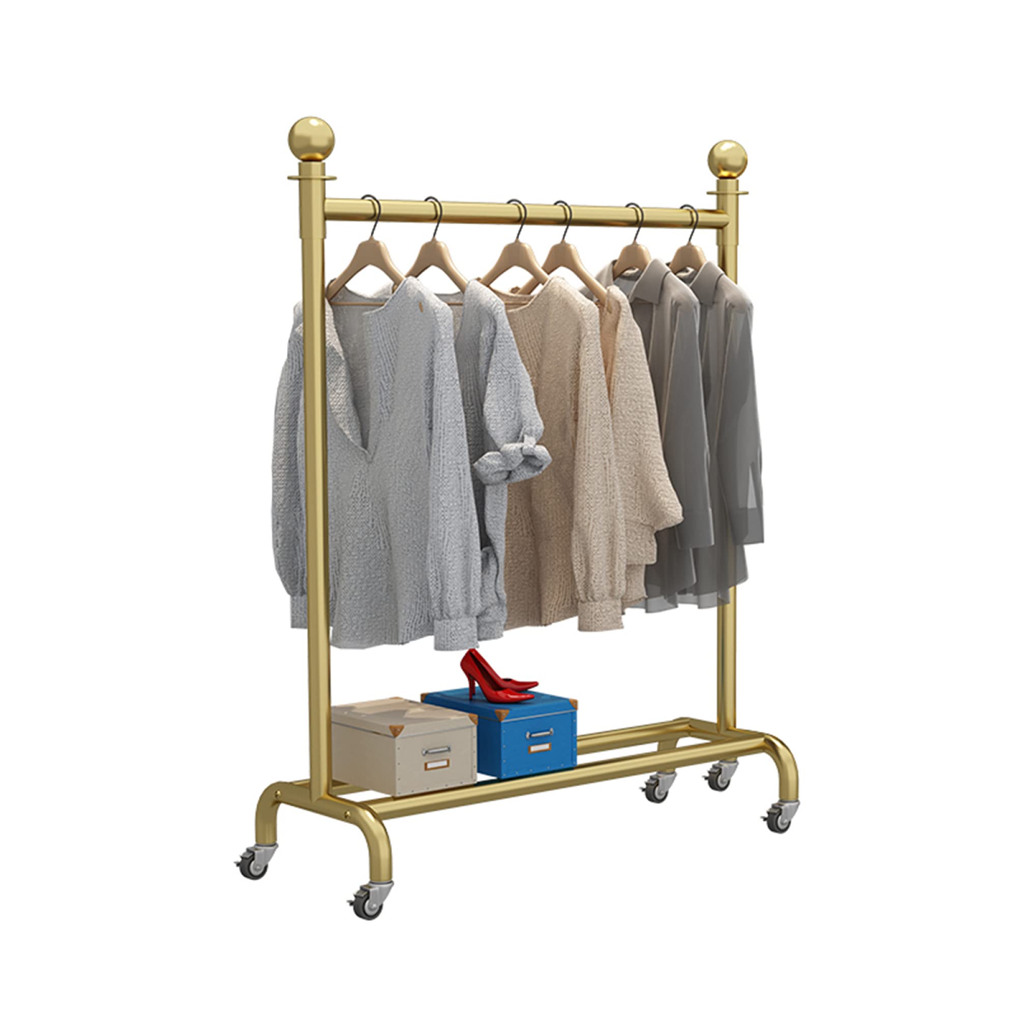 Heavy Duty Clothes Rail with Shoe Rack - Industrial Pipe Rolling Garment Rack, Gold Finish 80×155cm - Perfect for Bedroom, Closet & Retail Clothing Display