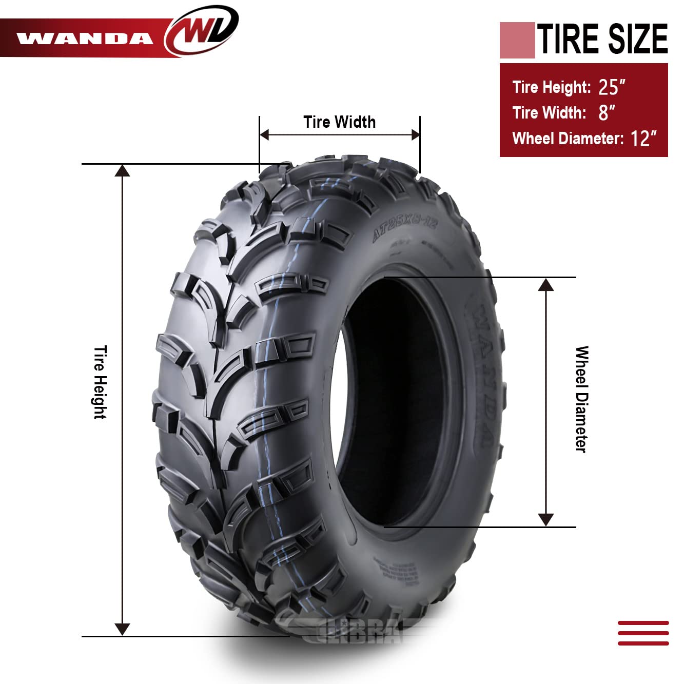 WANDA 25x8-12 ATV/UTV 6-Ply Light Mud Tires - Set of 2 (10243) - Perfect for Off-Roading, Trail Riding & Mud Adventures