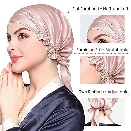 Luxury Silk Sleep Cap with Adjustable Ribbons for Women - Soft & Breathable Night Hair Cover for Sleeping, Travel & Spa