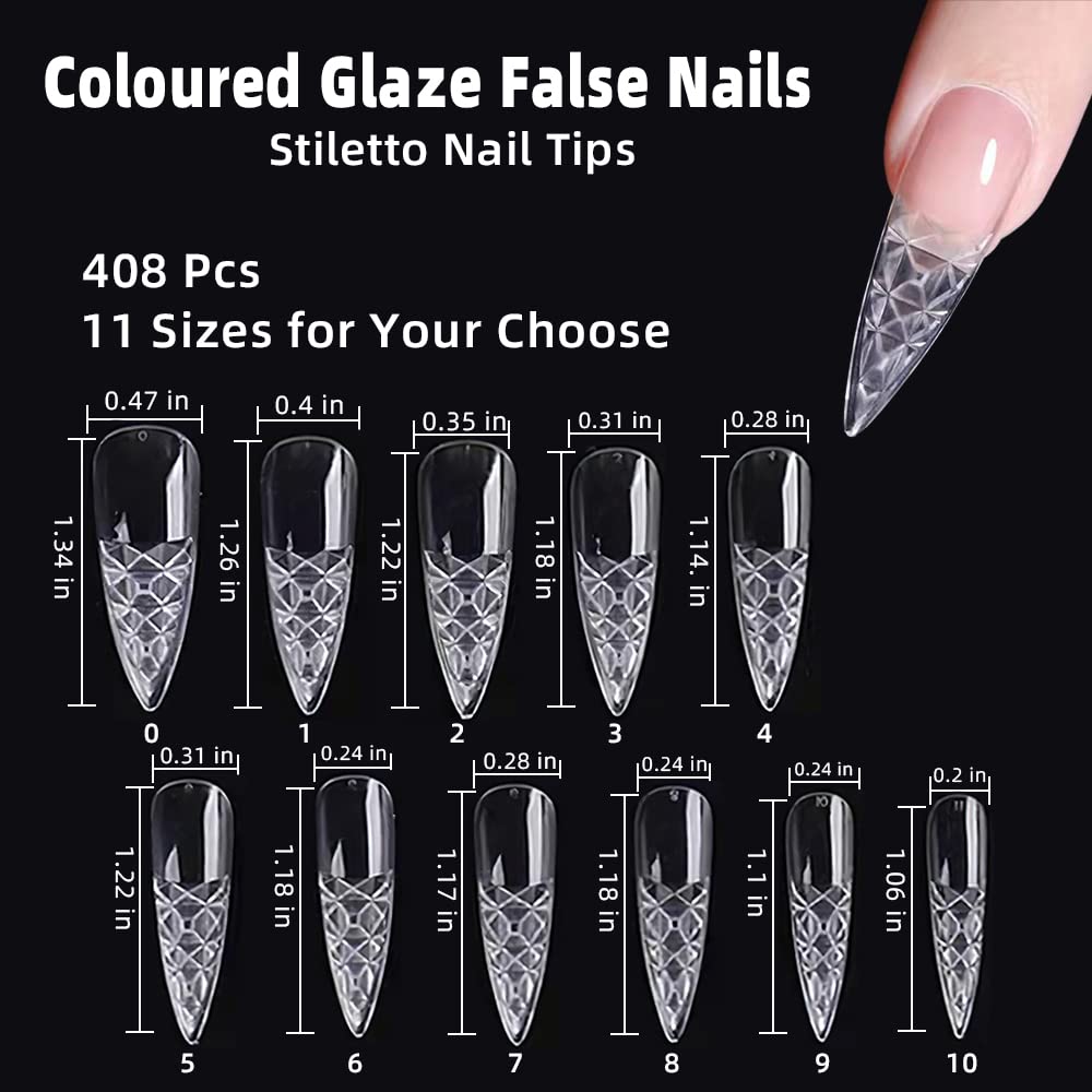 Colored Glaze Acrylic False Nails - 408PCS Stiletto & Trapezoid Fake Nails Kit for DIY Nail Art, Full Cover Clear Artificial Nails with Concave & Convex Designs - Perfect for Parties, Weddings, and Special Occasions