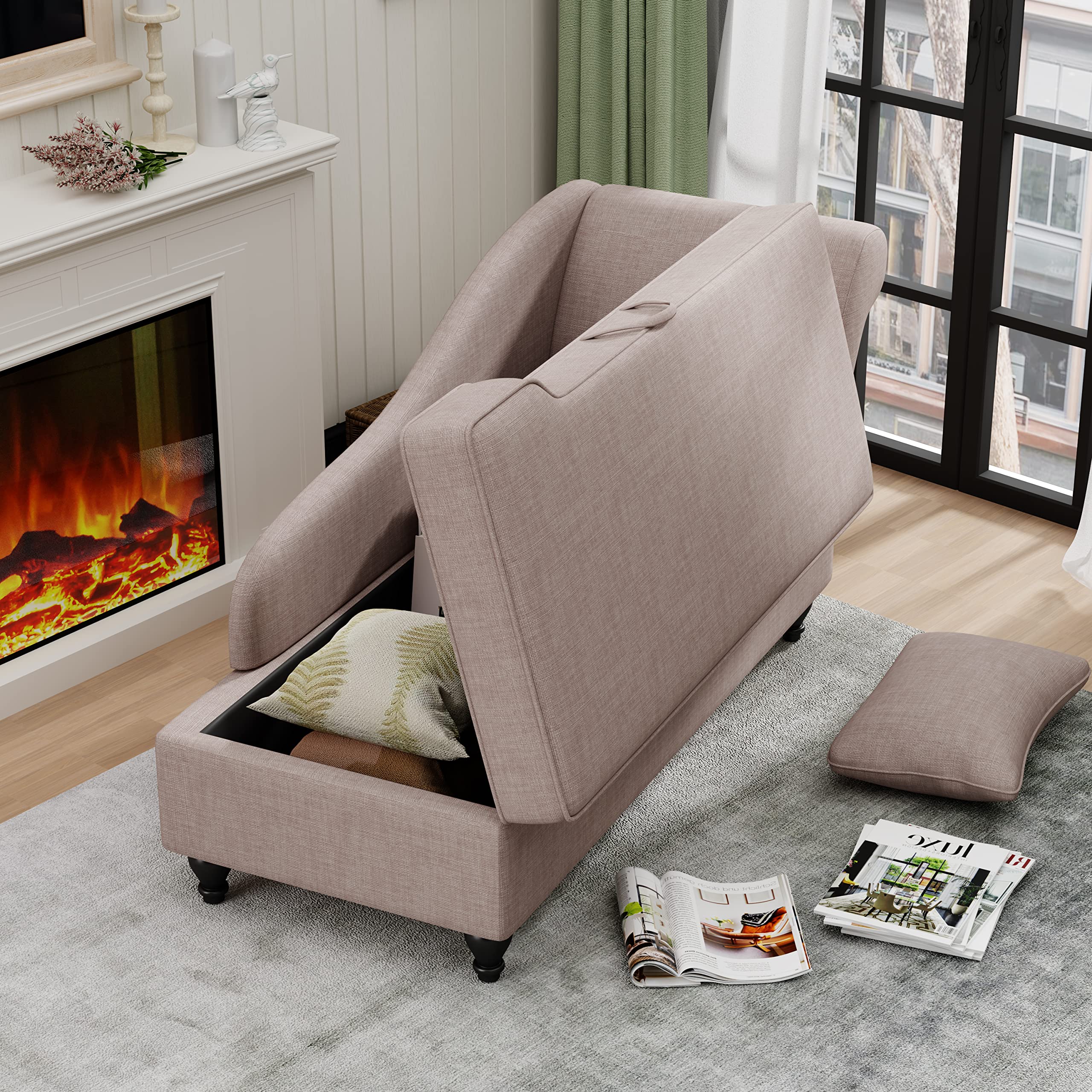 Yongqiang Upholstered Fabric Chaise Lounge Chair with Wood Legs - Right Arm Tan for Living Room, Bedroom & Small Spaces - Perfect for Relaxing, Reading & Napping