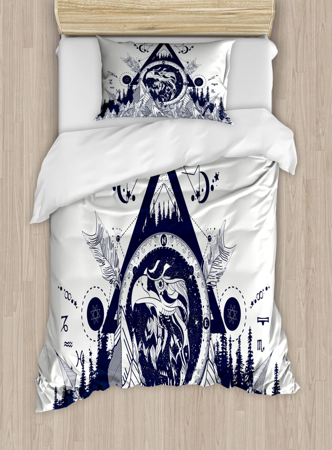 Ambesonne Tribal Duvet Cover Set - Eagle Forest Mountain Astrological Design Bedding Set, 2 Duvet Covers & 2 Pillowcases, Twin Size 2-Pack, Dark Blue & Off White - Perfect for Bohemian Bedroom Decor & Nature-Themed Home Styling
