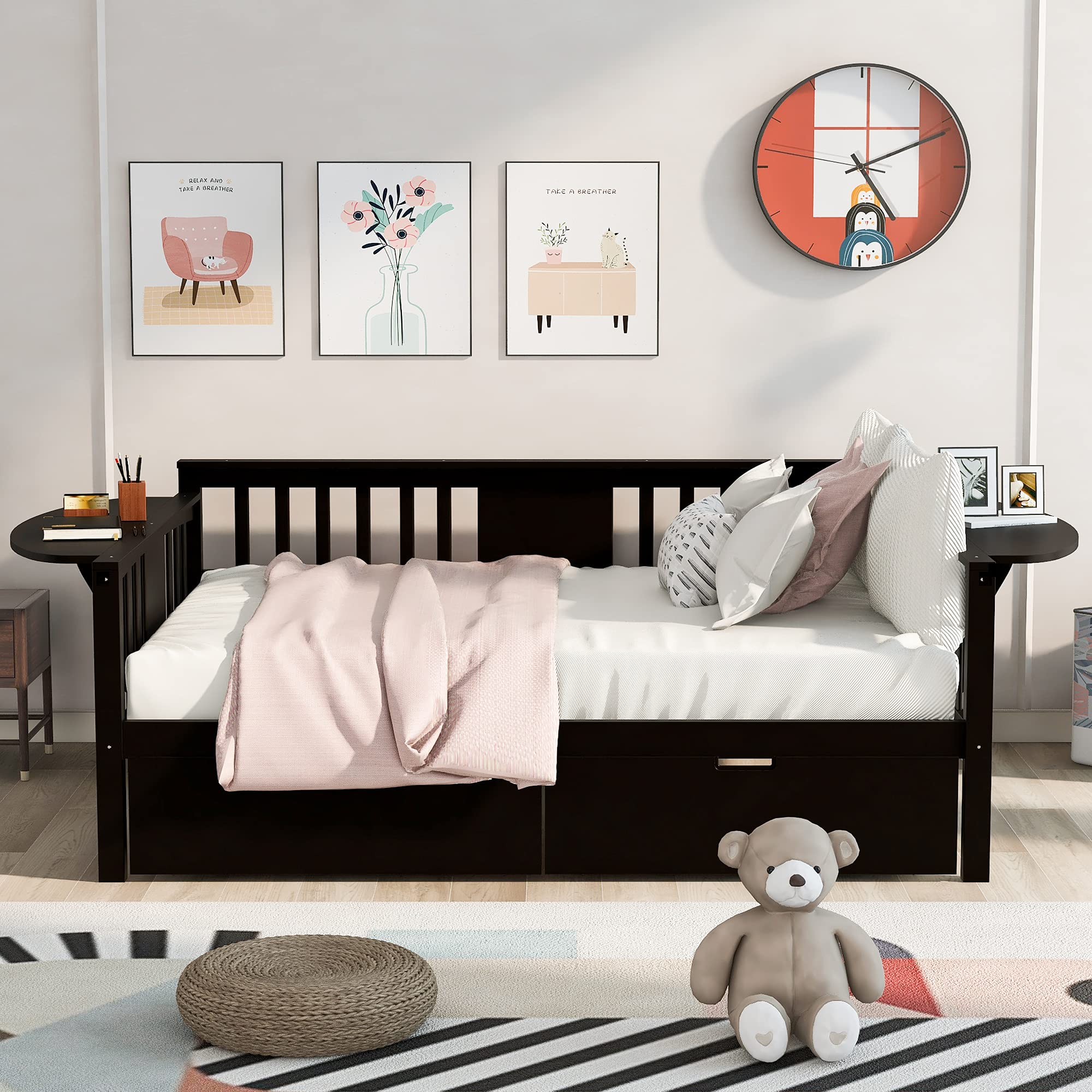 Full Size Wooden Daybed with 2 Drawers & Small Table - Espresso Sofa Bed Frame with Storage for Bedroom & Living Room - Perfect for Guest Rooms, Small Spaces & Multi-Functional Furniture Needs