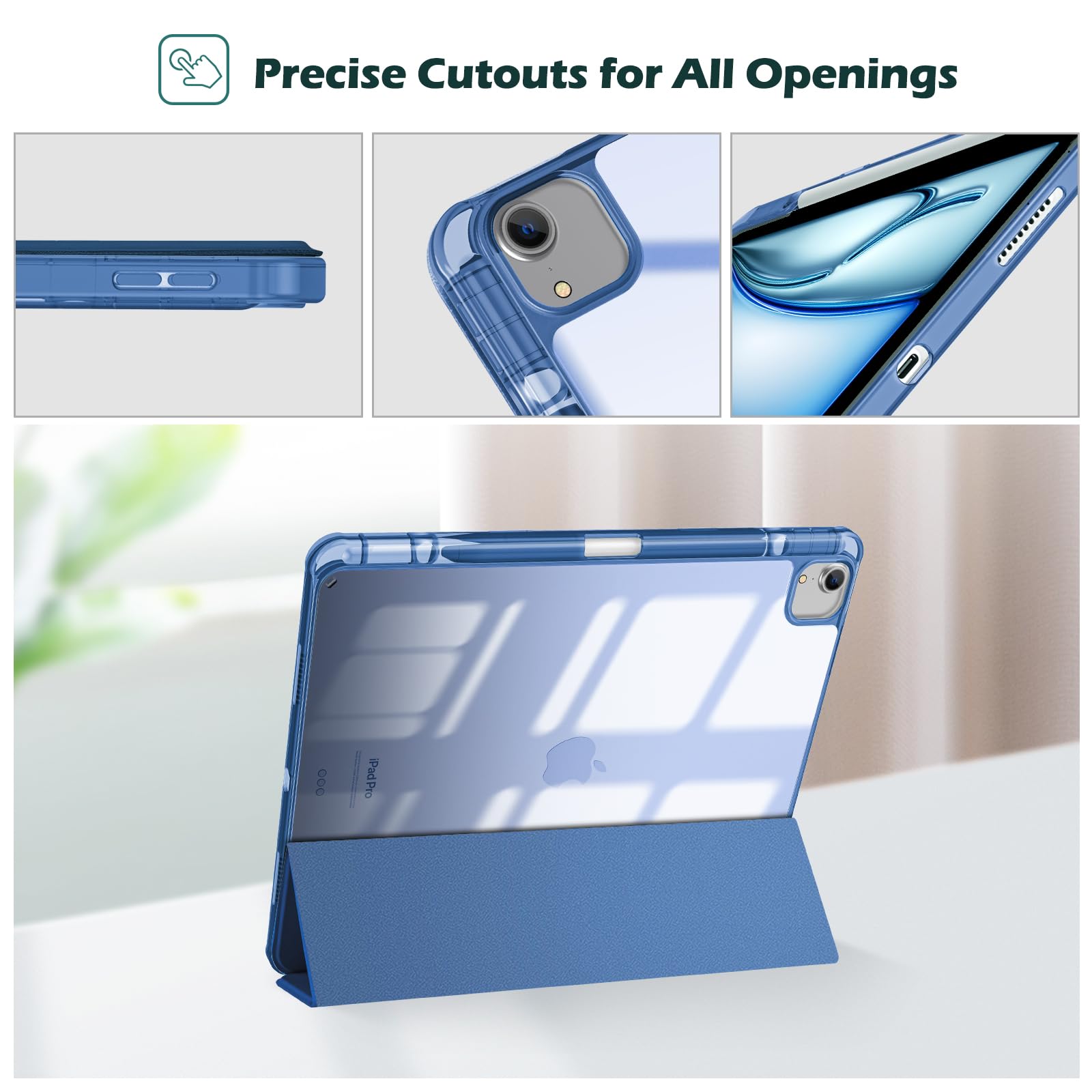 ProCase iPad Air 13 Inch Case 2025 M3/2024 M2 - Hybrid Protective Cover with Pencil Holder & Clear Transparent Back, Supports Touch ID & Auto Wake/Sleep - Navy Blue | Perfect for Work, School & Travel Protection