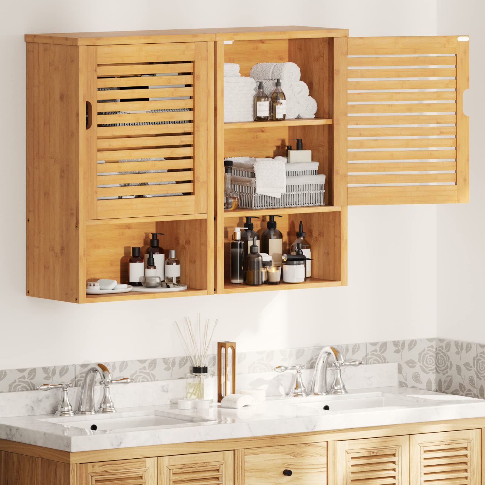 VIAGDO Wooden Bathroom Wall Cabinet - Single Door Medicine Storage with Adjustable Shelf, Bamboo Over The Toilet Hanging Cupboard (15.7’’L x 7.8’’W x 23.6’’H) - Perfect for Small Bathrooms, Powder Rooms & Apartment Storage Solutions