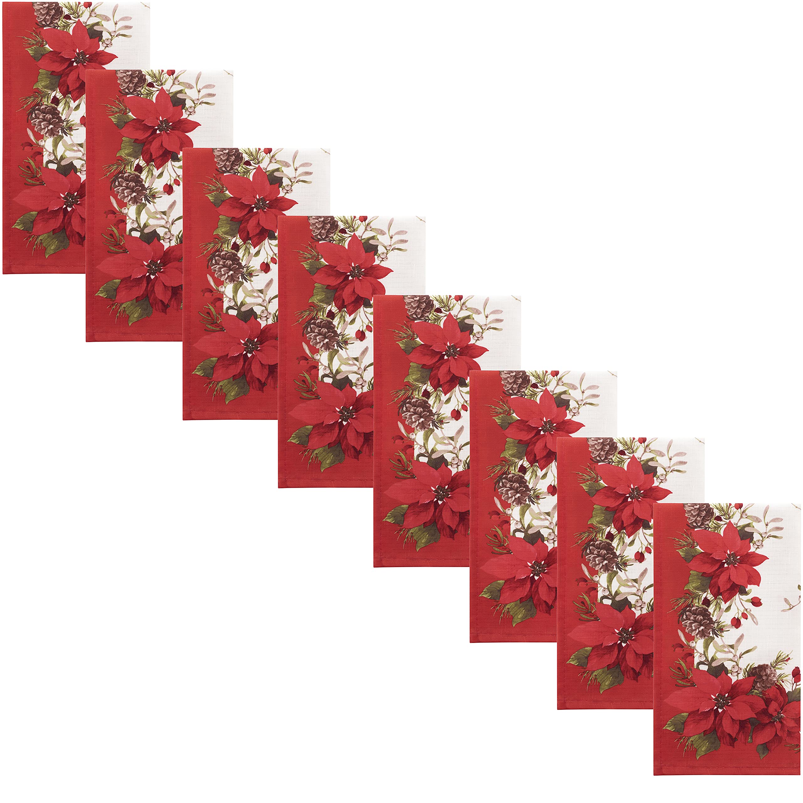 Premium Christmas Poinsettia Double Bordered Fabric Napkins Set of 8 - Holiday Red & White Floral Dining Napkins for Festive Table Decor, Dinner Parties & Seasonal Celebrations
