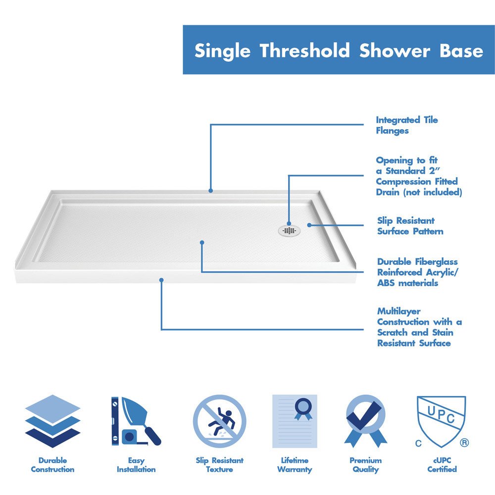 DreamLine SlimLine 30x60 Inch Right Drain Shower Base - White Single Threshold Bathtub Replacement (DLT-1130602) for Bathroom Remodeling & Small Space Solutions
