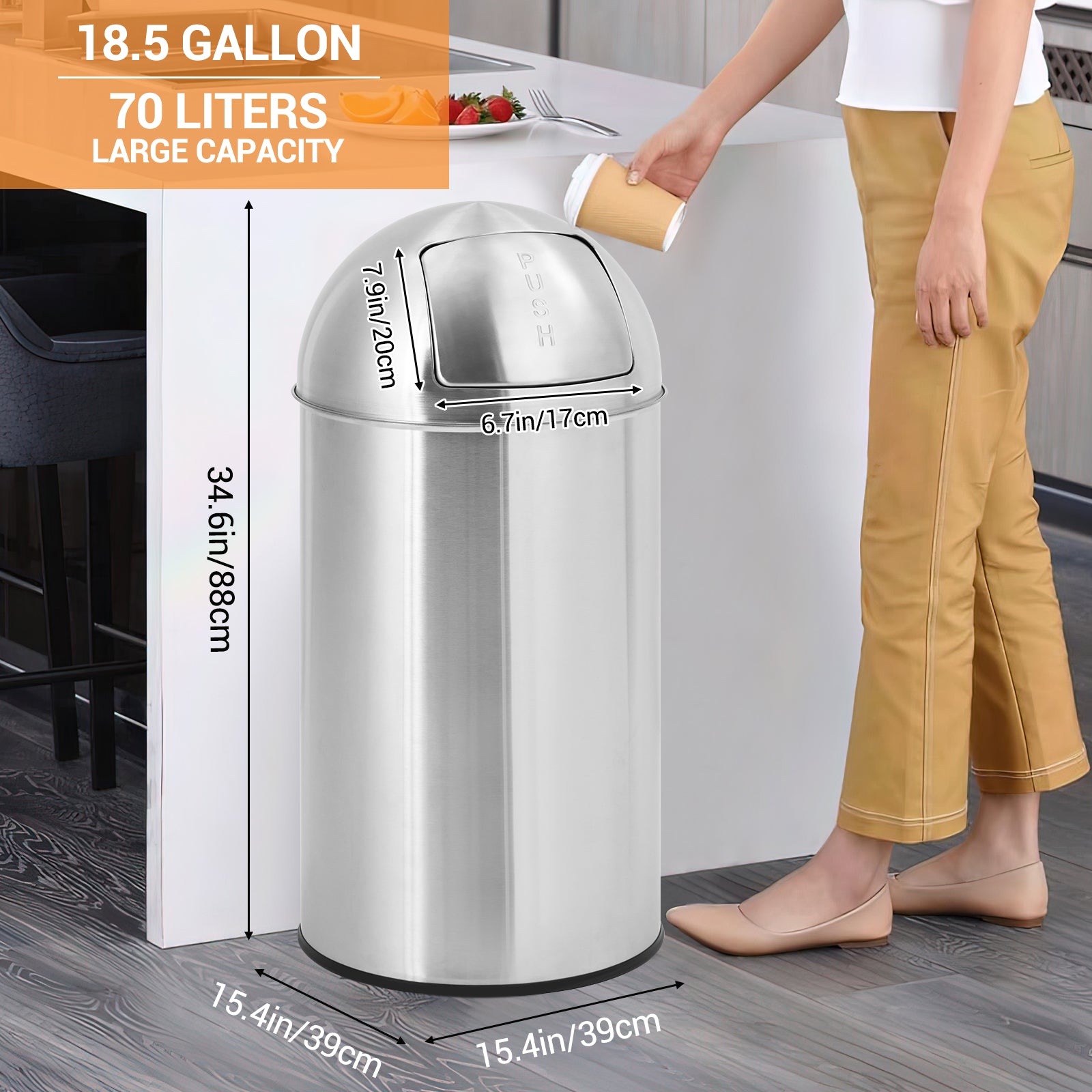 **GARVEE 18.5 Gallon (70 Liter) Stainless Steel Trash Can with Push Lid - Heavy Duty Commercial Garbage Bin, Removable Inner Bucket for Easy Cleaning - Perfect for Outdoor, Kitchen, Office & Restaurant Use**