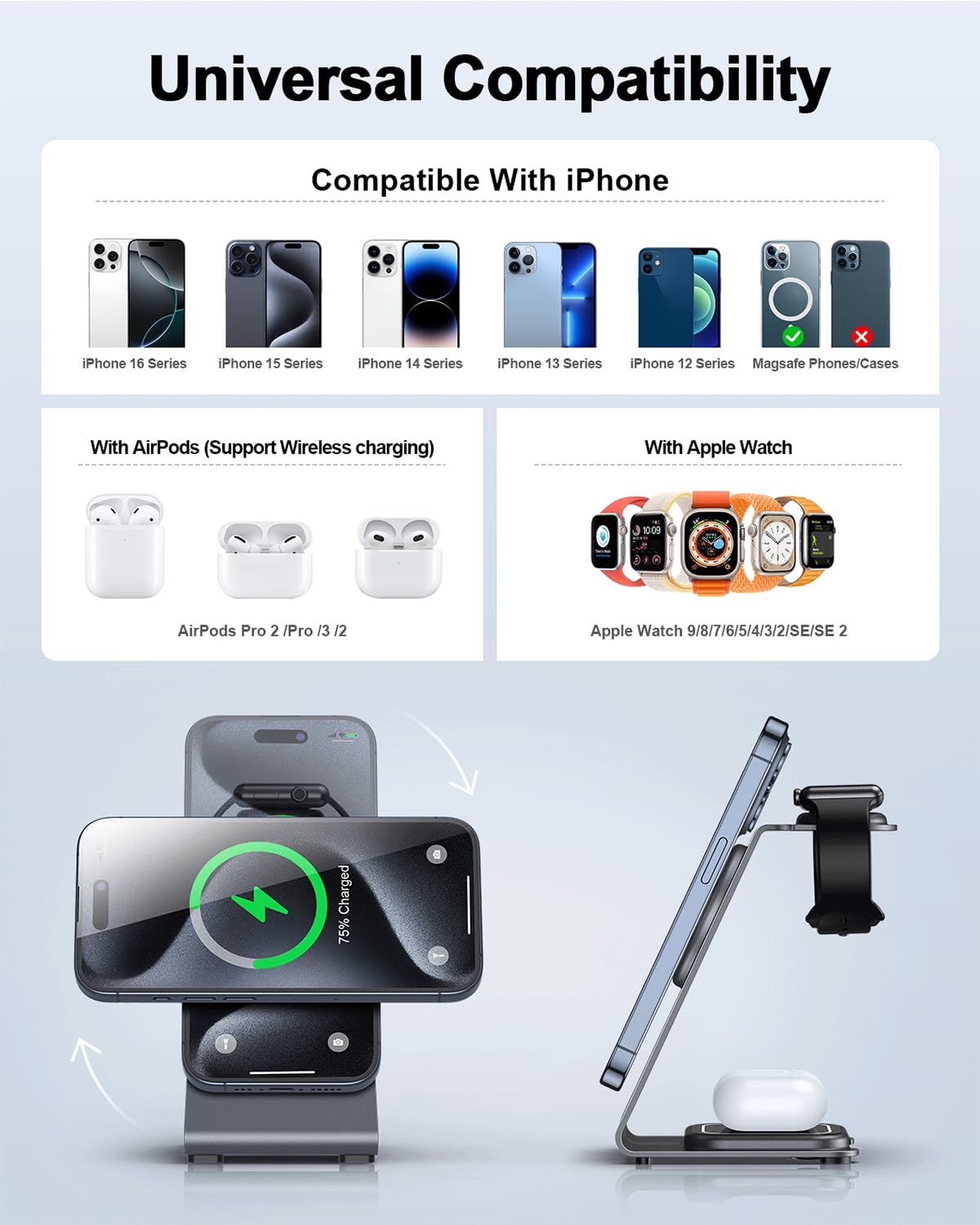 3-in-1 Magnetic Wireless Charging Station for iPhone 16/15/14/13/12 Pro Max/Plus/Mini, Apple Watch 10/9/8/7/6/5/4/3/2/SE/Ultra & AirPods 2/3/4/Pro - Fast Charging Aluminum Alloy Stand - Perfect for Home, Office & Travel Accessories