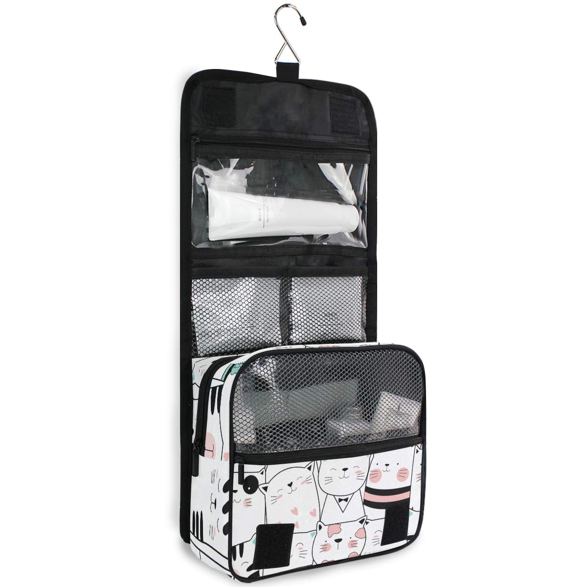 MOYYO Cute Cartoon Cat Travel Hanging Toiletry Bag - Waterproof Cosmetic Makeup Organizer Pouch for Women & Men - Perfect for Shower, Gym, Camping & Vacation Trips