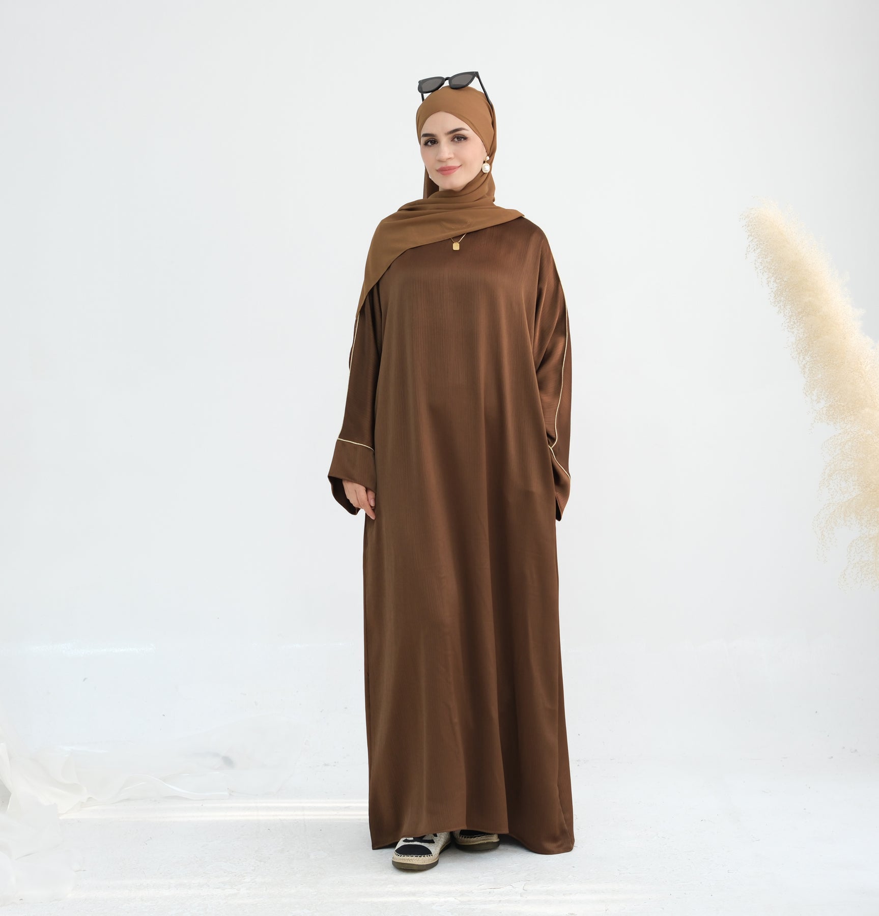 Elegant Ayana Textured Piping Detail Abaya Dress - Bronze Color for Women | Perfect for Islamic Prayer, Mosque Visits & Special Occasions