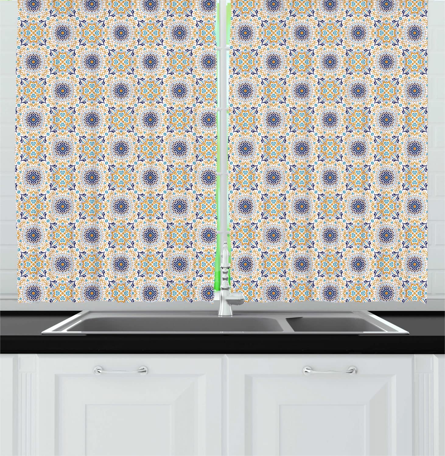 Ambesonne Boho Long Kitchen Curtains - Floral Medallion Design with Rod Pocket, 55