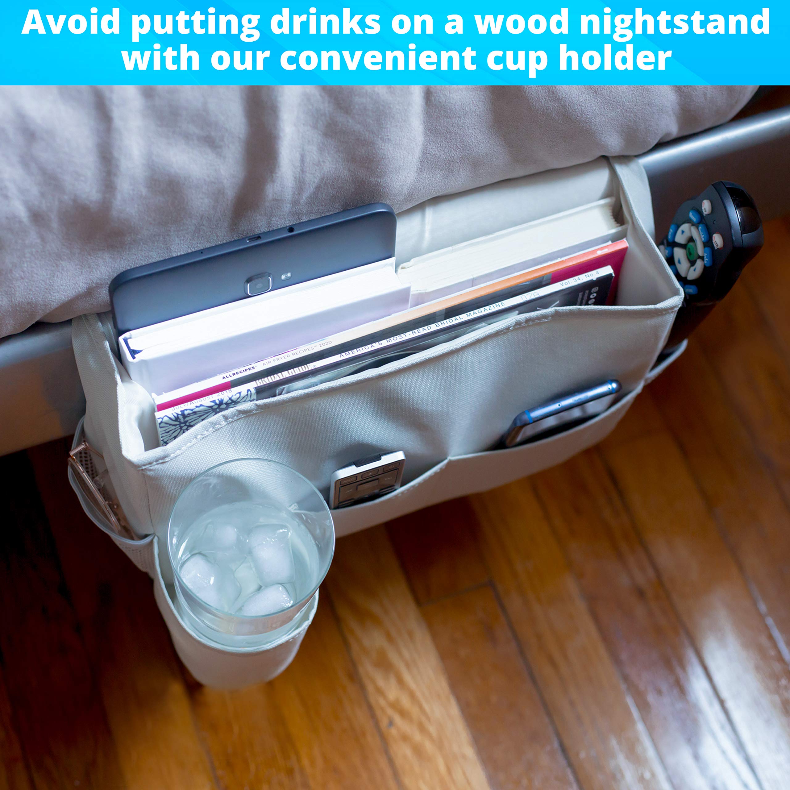 Bedside Caddy Organizer - Hanging Storage Pocket with Cup Holder for Bunk Beds, Loft Beds & Platform Frames - Perfect for Dorm Rooms, College Students & Small Space Organization (Keeps Books, Phone, Remote & Essentials Handy)