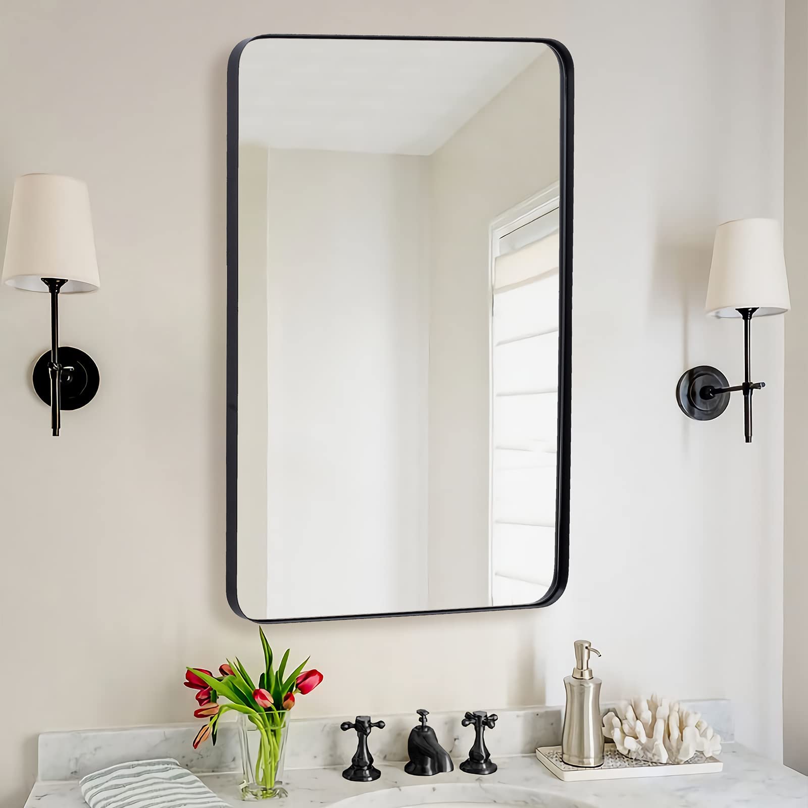 ANDY STAR 24x36 Inch Black Bathroom Wall Mirror with Stainless Steel Frame - Rounded Corner Rectangle Glass Panel for Bathroom Vanity, Dressing Room & Home Decor