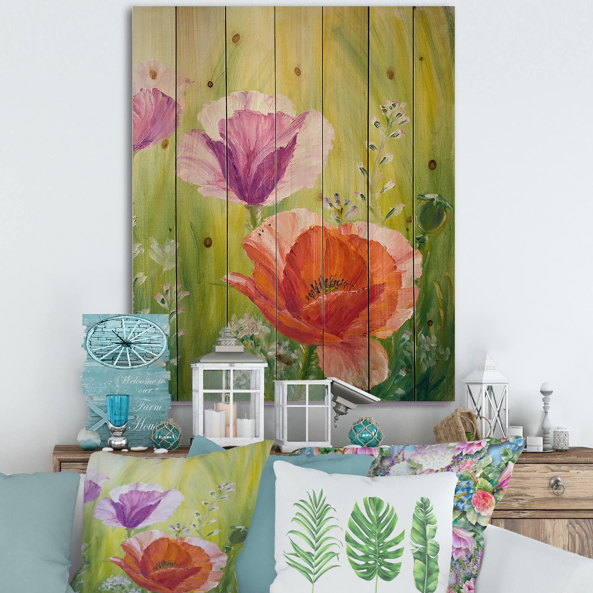 Poppies In The Morning Traditional Wood Wall Decor - Purple Floral Wood Wall Art, Large Pine Wood Wall Panels for Living Room, Bedroom & Office Decor | Handmade Natural Wood Home Décor