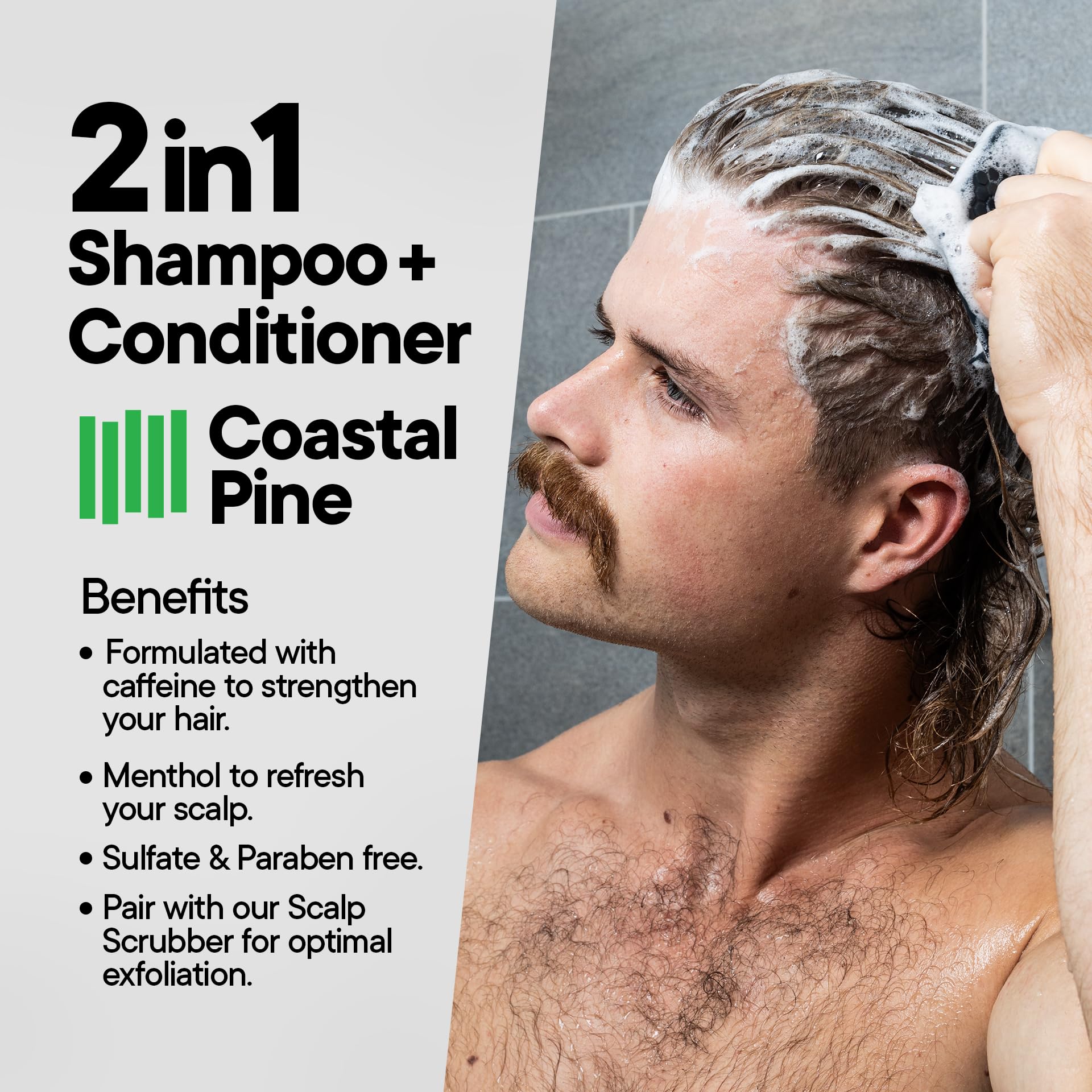 Tooletries 2-in-1 Coastal Pine Men's Shampoo & Conditioner - Sulfate & Paraben Free Pine Scented Hair Wash with Menthol & Caffeine for Hair Growth - 10.1oz/300ml - Refreshing Daily Shower & Travel Essential for Men