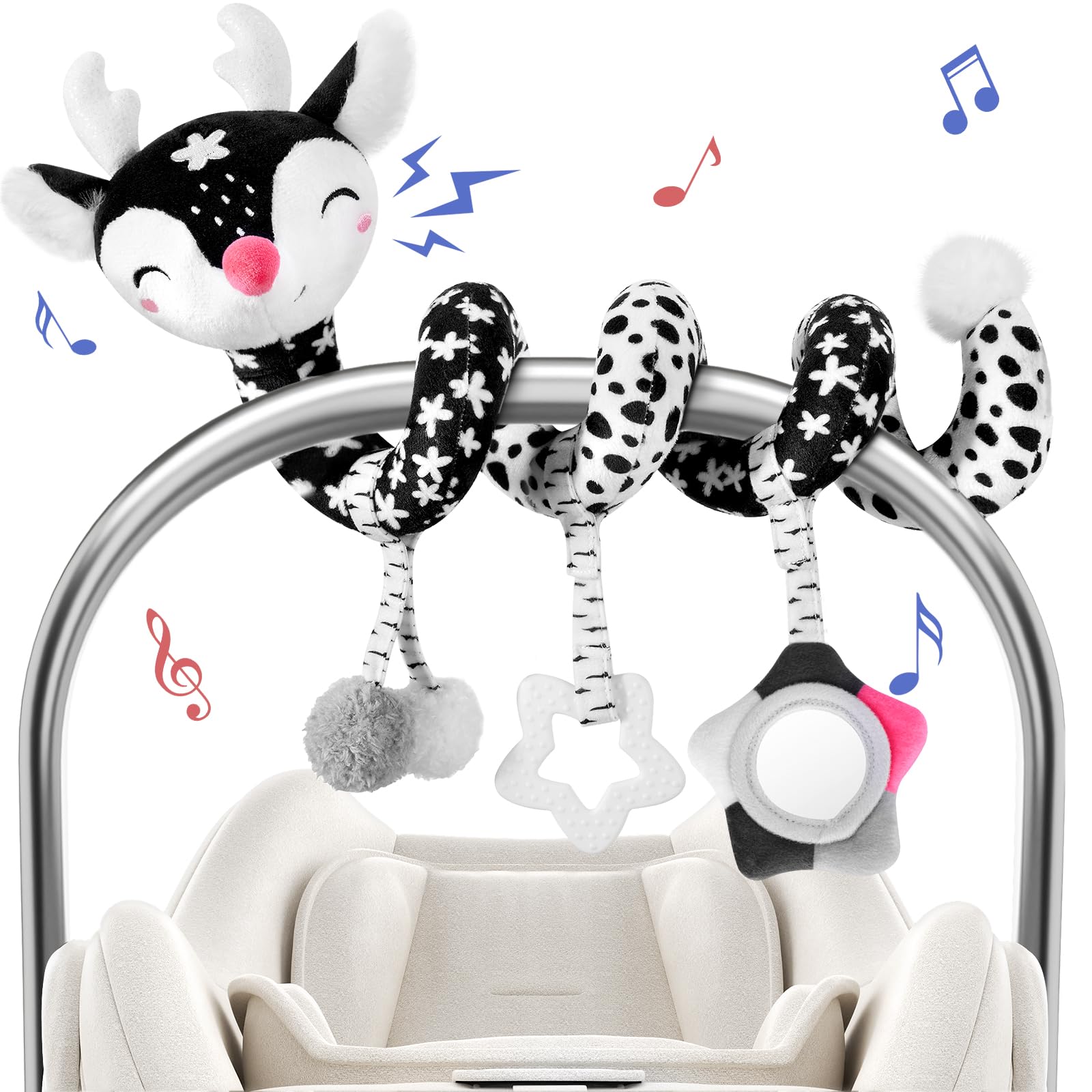 Black and White High Contrast Baby Car Seat Toys for 0-12 Months - Spiral Activity Plush Stroller Hanging Toys for Newborns & Infants (Boy & Girl) | Perfect for Car Rides, Stroller Walks & Sensory Development