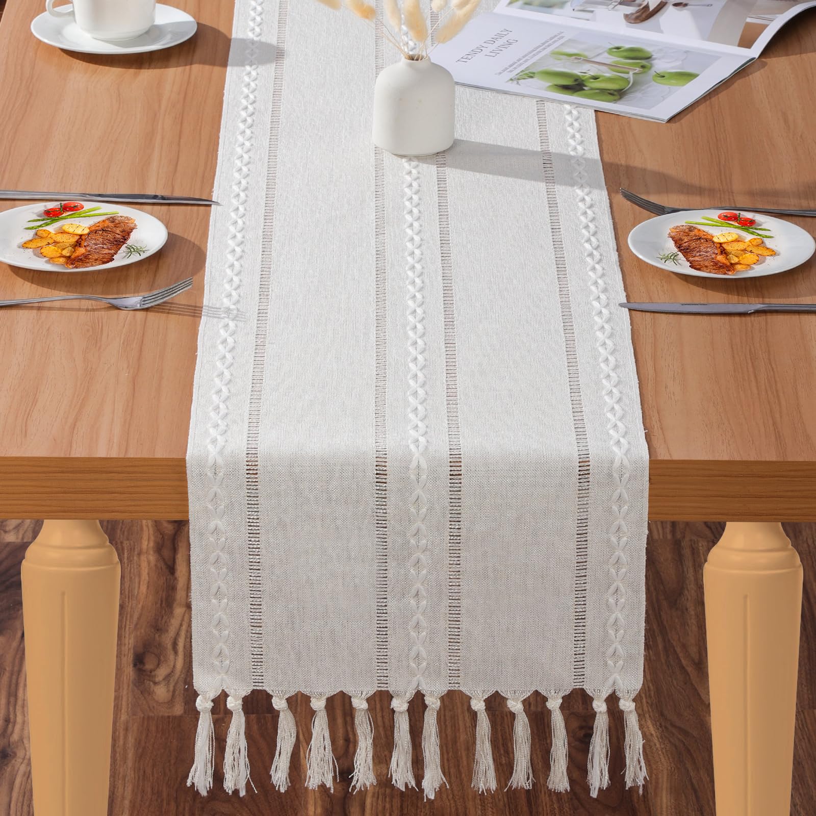 Boho Farmhouse Table Runner 72 Inch with Tassels, Wrinkle-Free Linen Beige & Ivory Table Runner for Wedding, Dining Room, Dresser Decor, Perfect for Holiday Parties and Home Styling