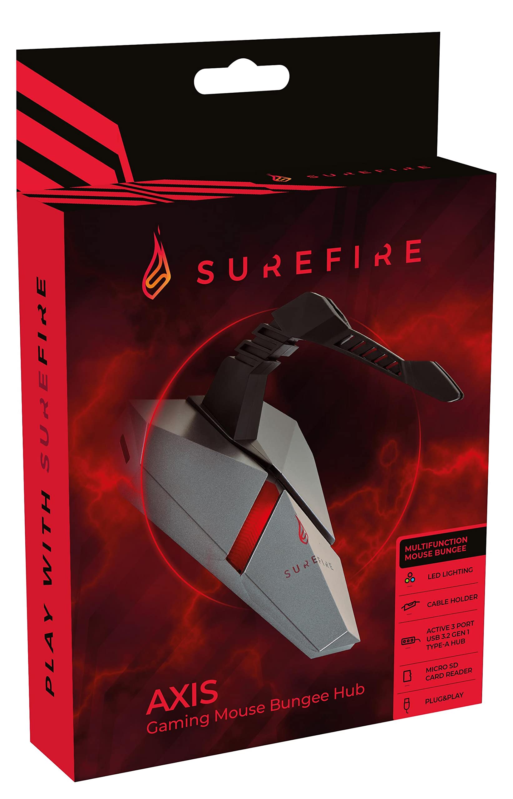 SureFire Axis Gaming Mouse Bungee Hub with 3X USB 3.2 Gen 1 Ports, RGB Mouse Cable Holder, microSD Slot - Ergonomic Gaming Accessory for PC & Laptop - Perfect for Esports, Streaming & Office Work