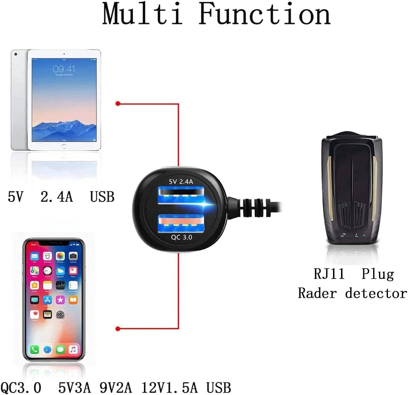 Uniden Escort Valentine Beltronics Passport Cobra Radar Detector Power Cord with Dual USB QC3.0 Fast Charger (RJ11) - Perfect for Road Trips & Highway Driving