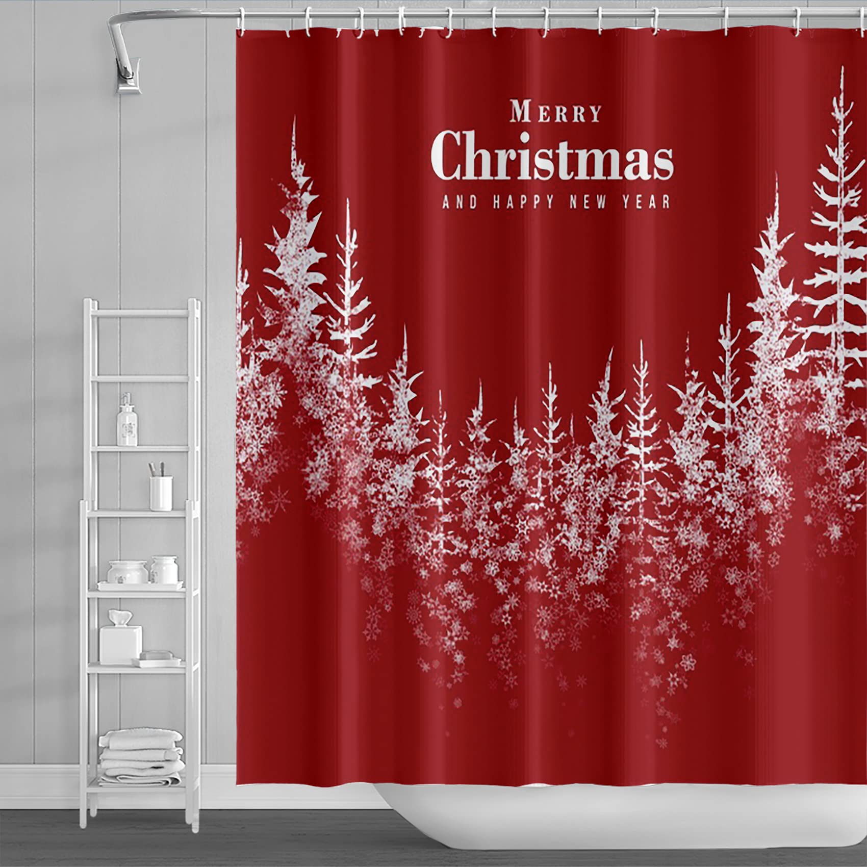 Yeele Christmas Shower Curtain - Red Snowflake Holiday Bathroom Decor with Hooks (72x72 Inch) - Perfect for Festive Bathroom Decorating, Christmas Party Backdrop & New Year Celebration