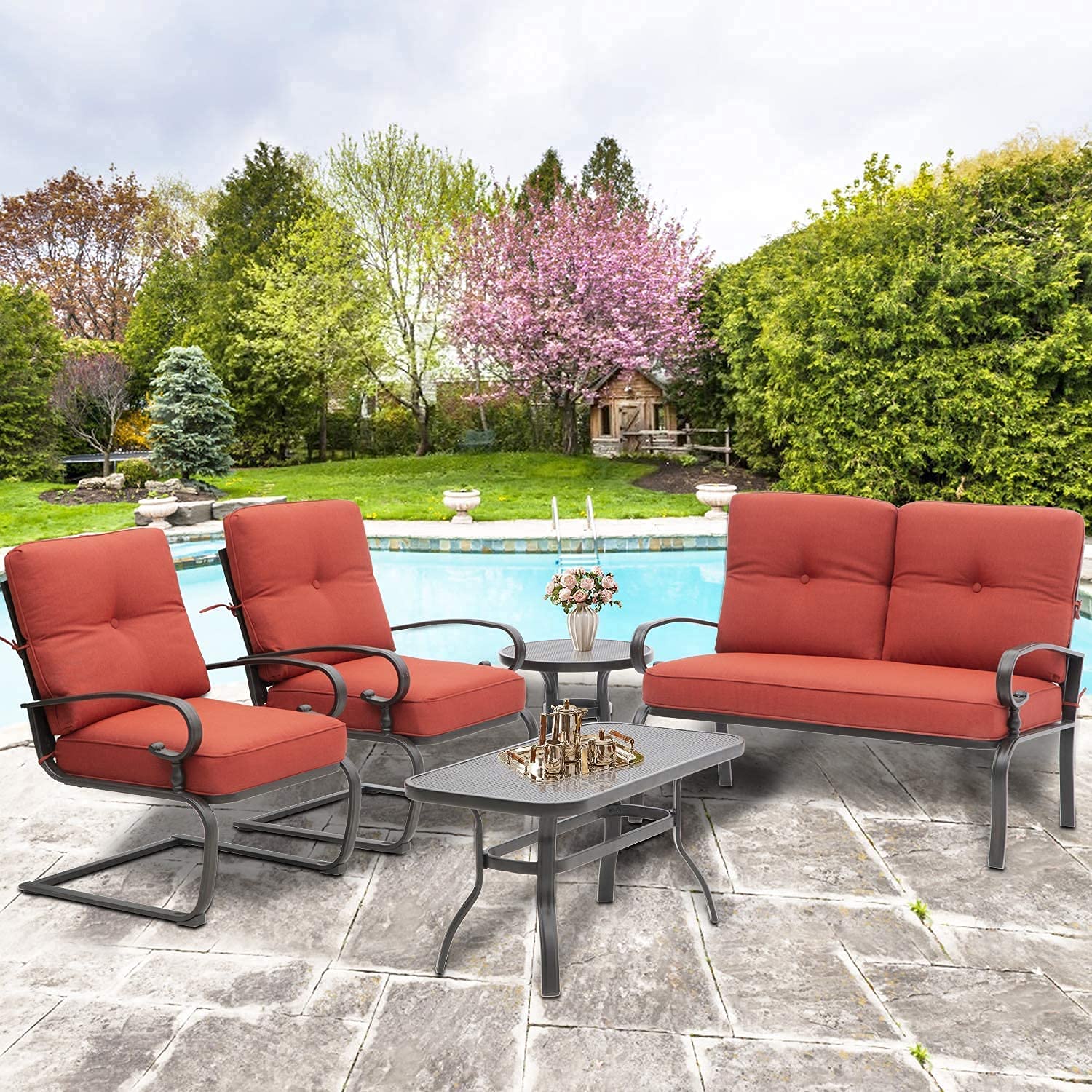 SOLAURA 5-Piece Outdoor Patio Furniture Set - Wrought Iron Loveseat & Spring Chairs (Red) - Durable Garden Conversation Set for Backyard, Deck, Poolside & Outdoor Relaxation