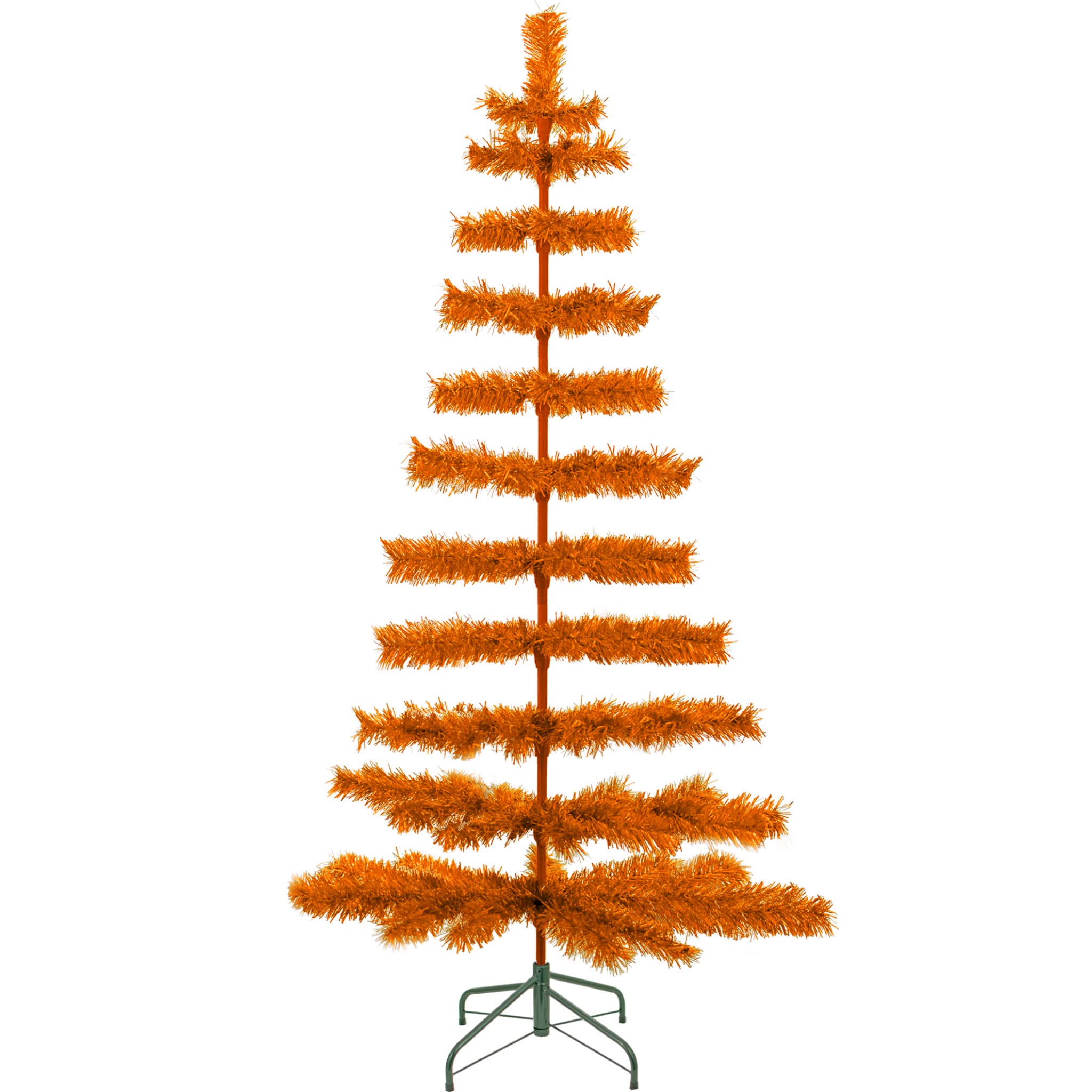 5FT Orange Tinsel Christmas Tree with Green Metal Base & Brush Stand - 60in Tall Artificial Holiday Decor for Home, Office, Party & Festive Celebrations