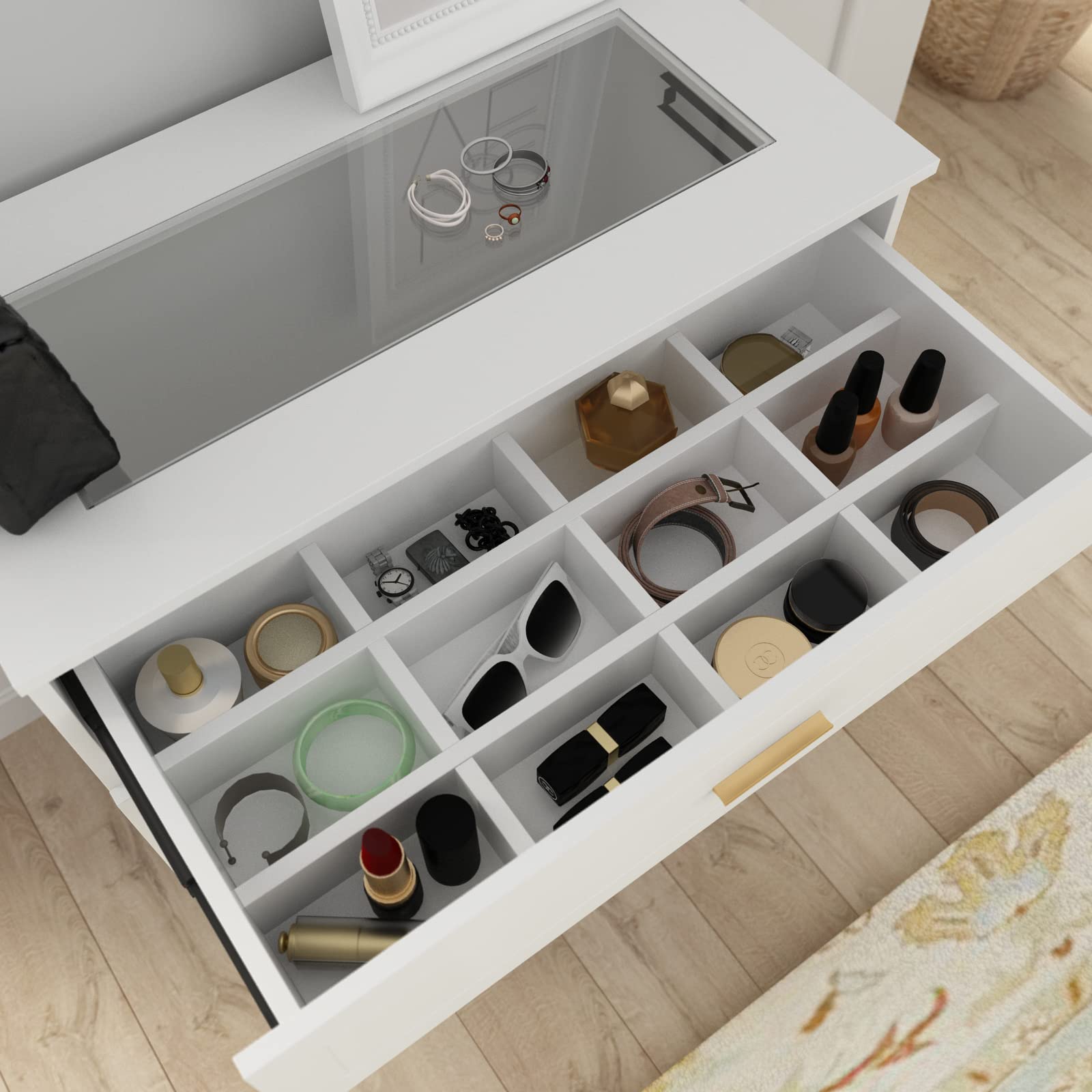 Hitow 3-Drawer Dresser with Tempered Glass Top & Jewelry Organizer Trays, Modern Chest Dresser with Drawer Dividers for Bedroom, Living Room, Closet (31.5