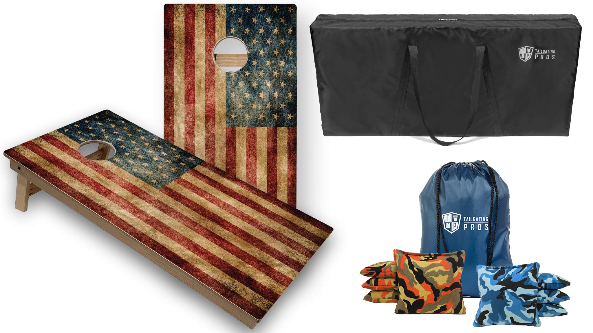 Premium Tournament-Grade Cornhole Game Set - 2 Regulation 4'x2' Distressed Flag Baltic Birch Boards, 8 Bean Bags & Carrying Case - Optional LED Lights for Backyard, Tailgate Parties & Outdoor Events