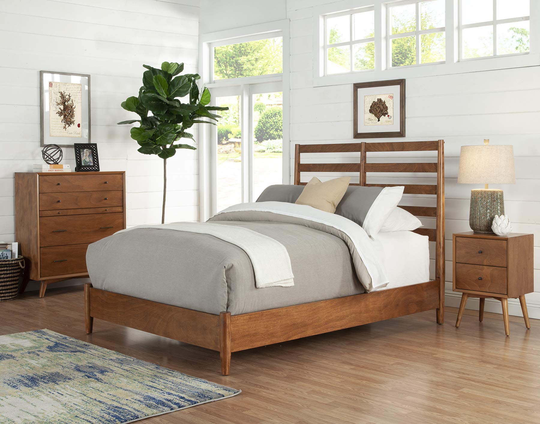 Alpine Furniture Flynn Queen Size Platform Bed Frame - Solid Wood, Modern Minimalist Design, Brown Finish - Perfect for Bedrooms, Guest Rooms & Small Spaces
