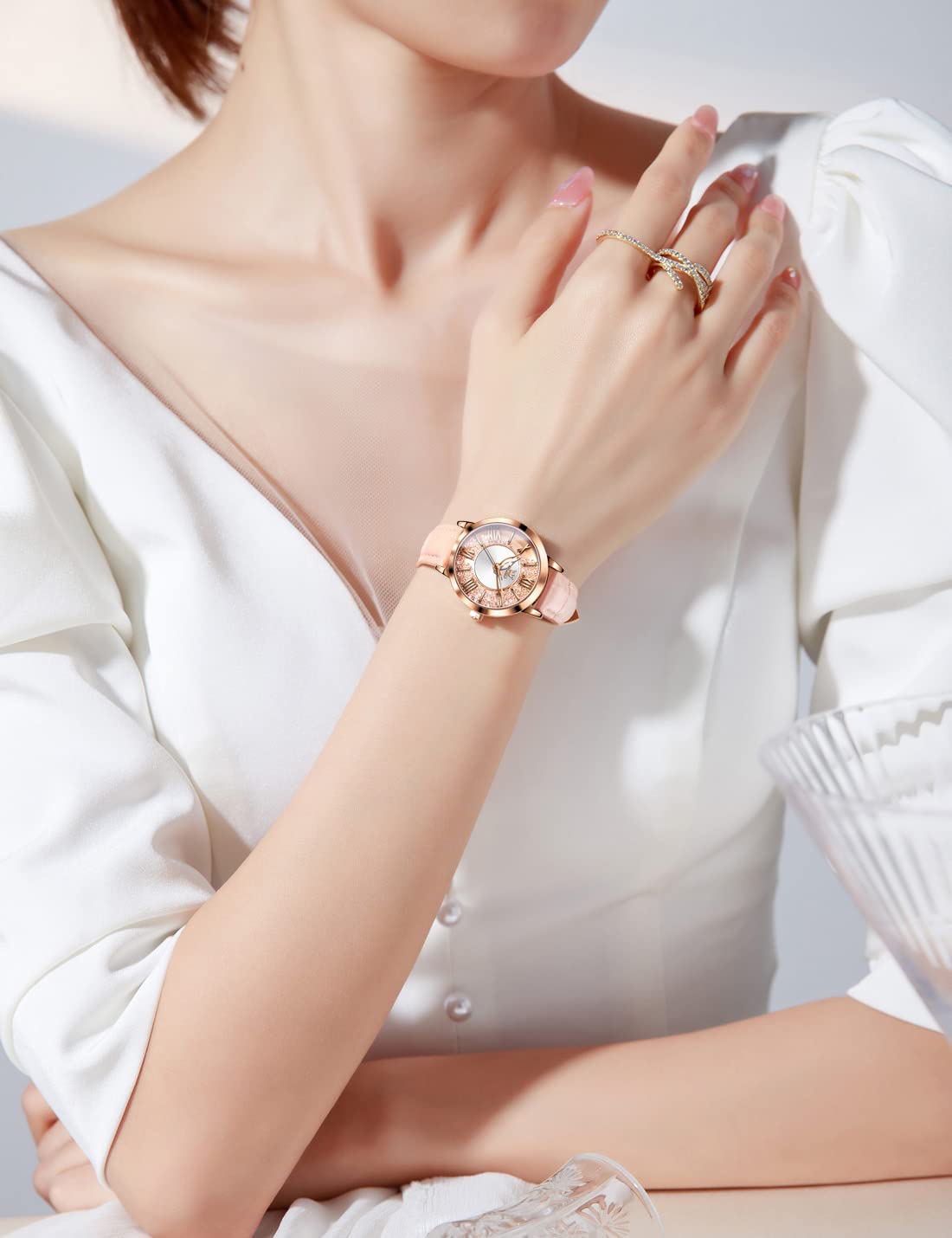 OLEVS Women's Elegant Diamond Dress Watch - Analog Quartz Leather Waterproof Wristwatch with Large Face - Perfect for Office, Party & Formal Occasions
