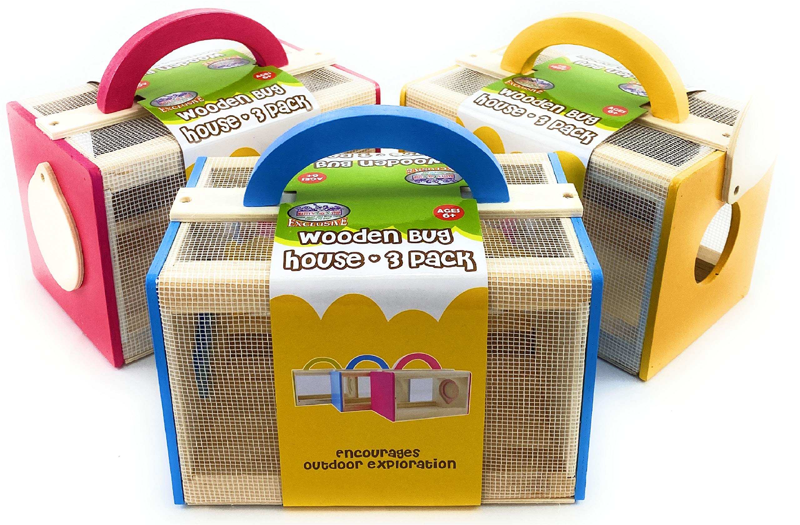 Wooden Bug House Insect Cages - 3 Pack (Blue, Red, Yellow) for Kids Outdoor Exploration