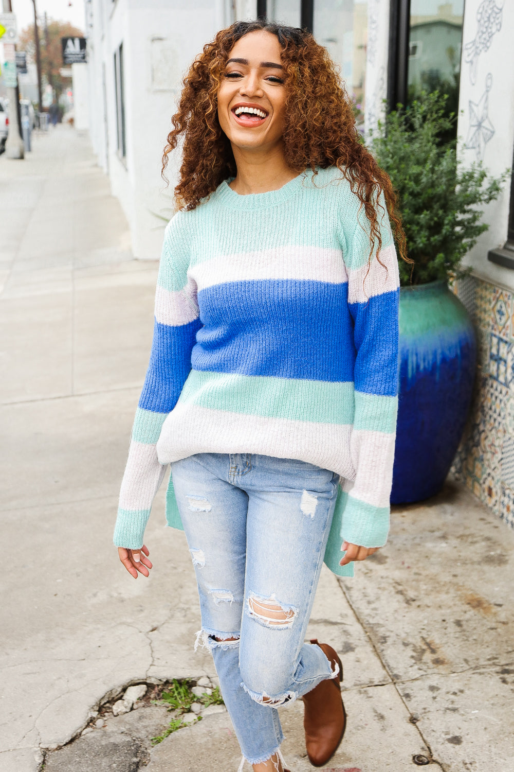 Love Found Mohair Mint & Blue Stripe Rib Knit Tunic Sweater - Cozy Winter Pullover for Women | Perfect for Holiday Gatherings & Casual Outings