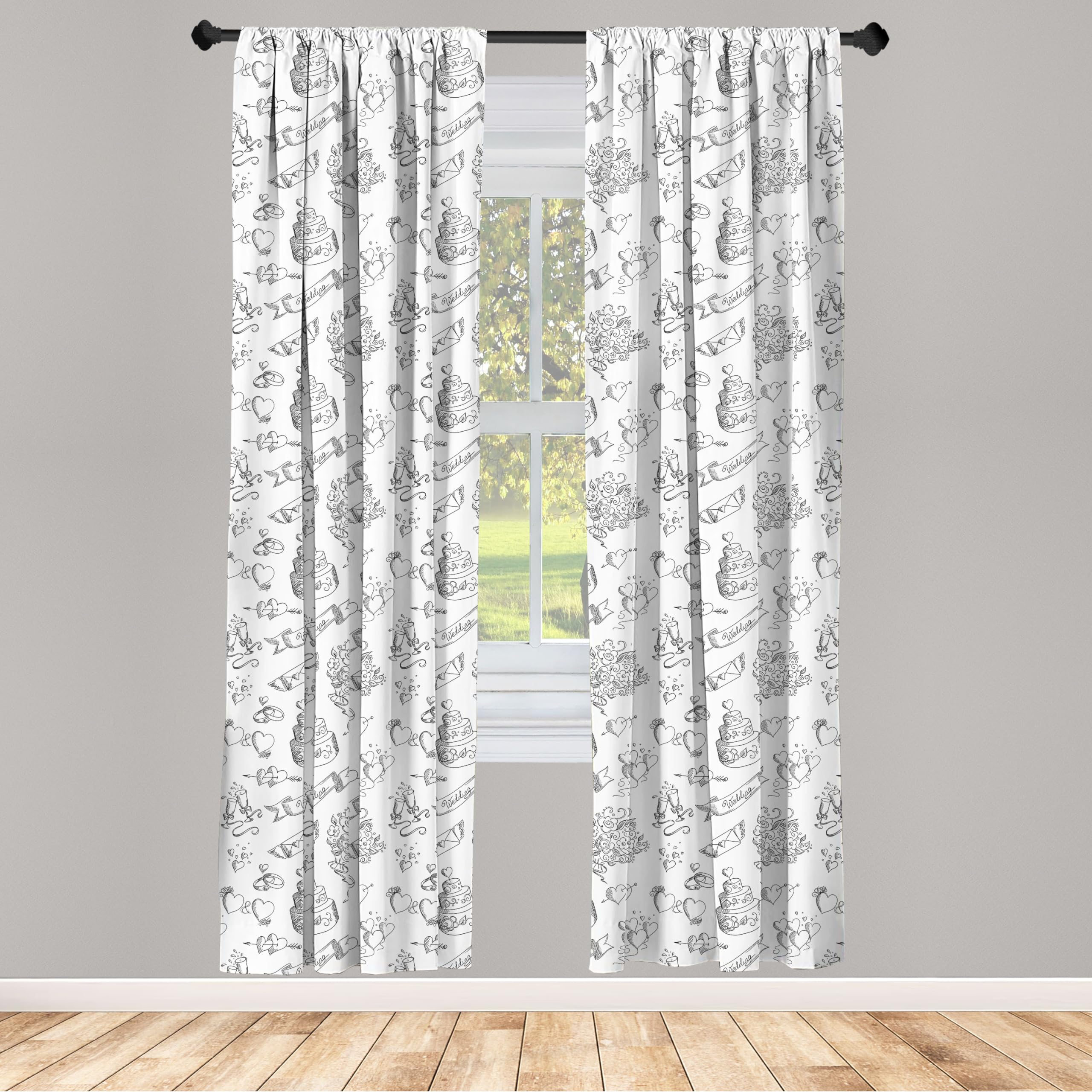 Ambesonne Black and White Wedding Window Curtains - Monochrome Floral Bouquet & Ornate Cake Hearts Design - Lightweight 2-Panel Set with Rod Pocket (28x95 inches) - Perfect for Bridal Showers, Wedding Decor & Romantic Bedroom Design