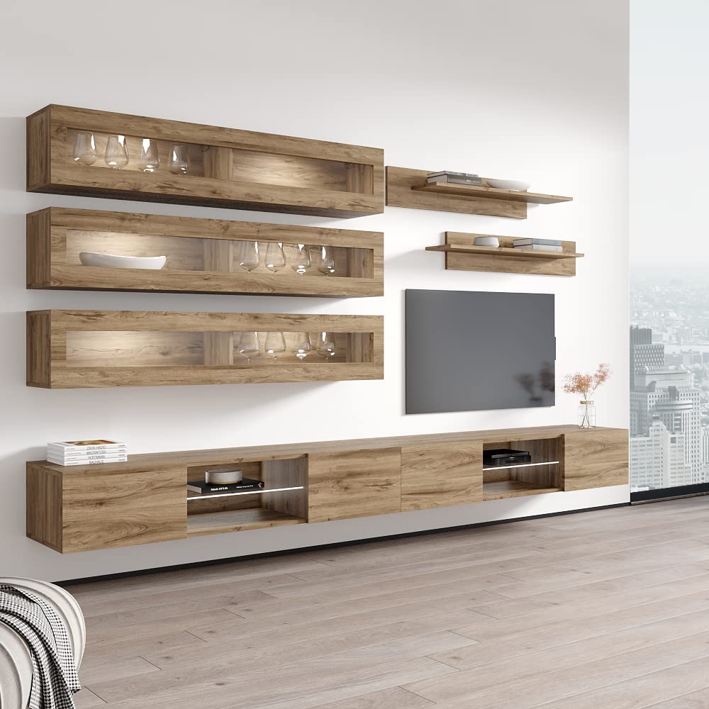 Modern Floating TV Stand with Storage & LED Lights - Wall-Mounted Entertainment Center for Bedroom & Living Room - Oak Wood TV Console with Shelves - Perfect for Small Spaces & Home Theater Setup
