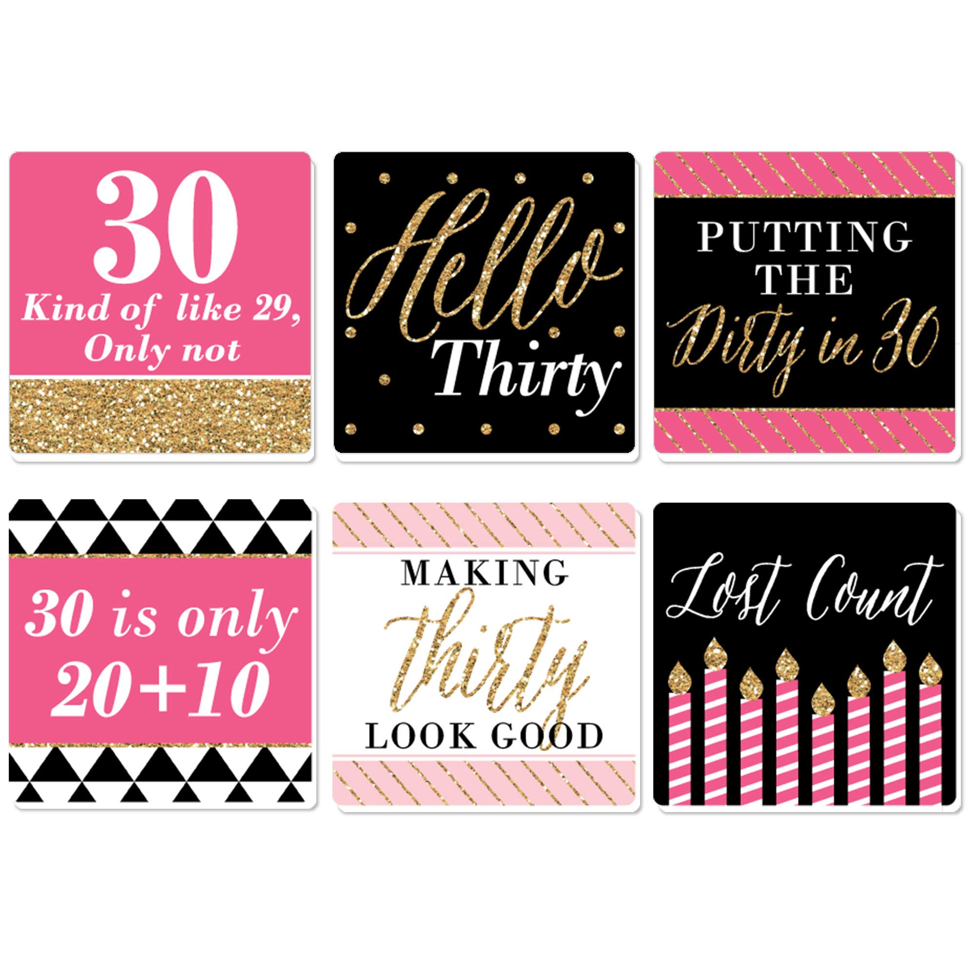 Chic 30th Birthday Party Decorations - Set of 6 Pink, Black & Gold Funny Drink Coasters - Perfect for Milestone Celebrations & Home Bar Accessories