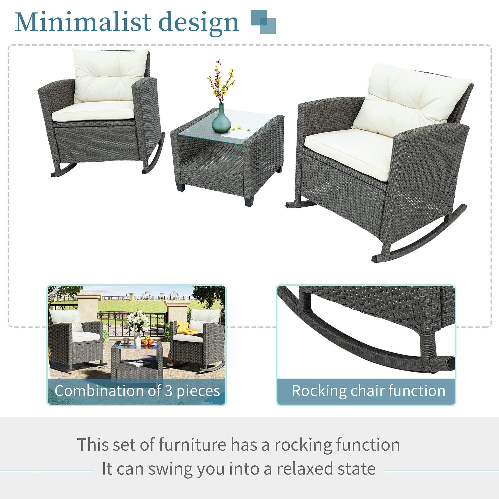 3-Piece Outdoor Patio Furniture Set - Wicker Rocking Armrest Chairs with Cushions & Glass-Top Coffee Table - Modern Beige Garden Set for Small Spaces | Perfect for Backyard, Balcony or Poolside Relaxation