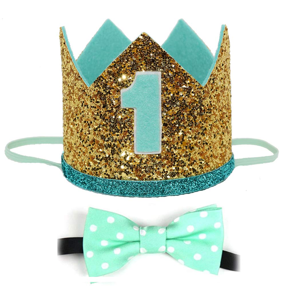 Glitter Baby Boy First Birthday Crown Set - Prize Badge & Bow Tie Bib for Cake Smash Photoshoot | 1st Birthday Party Decor, Newborn Photo Prop, Milestone Celebration