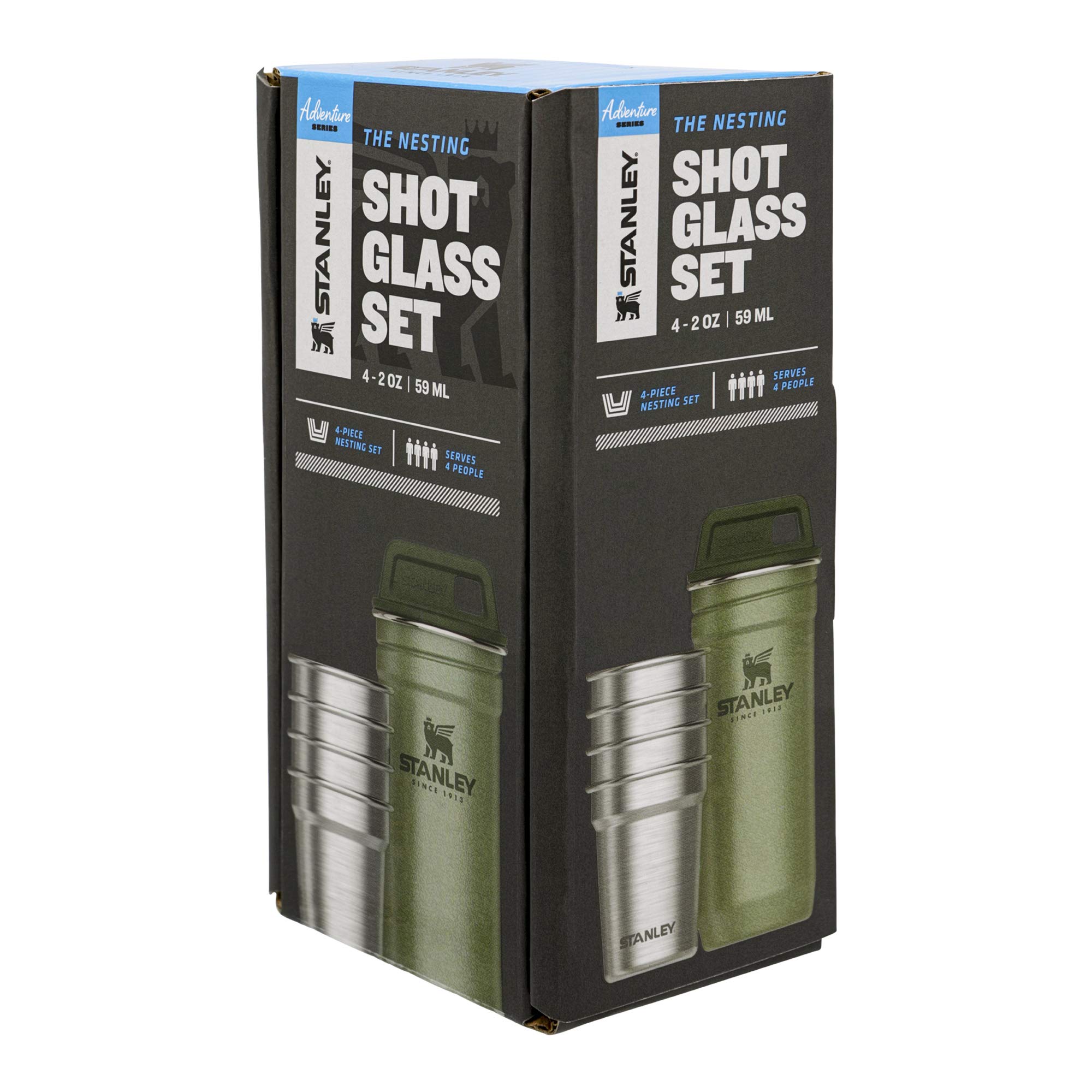Stanley Adventure Pre-Party Nesting Shot Glass Set - 4 Pack 2oz Stainless Steel Shooters with Travel Case | BPA-Free, Durable & Reusable | Perfect for Camping, Tailgating, Outdoor Adventures & Gifts (Hammertone Green)