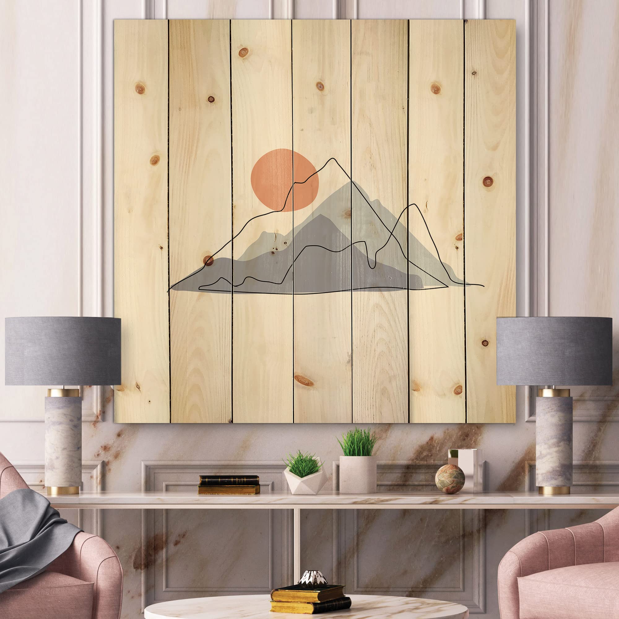 Abstract Mountainscape with Red Moon - Modern Wood Wall Art Decor, Blue Contemporary Wood Panel, Large Pine Wood Wall Hanging for Living Room & Bedroom