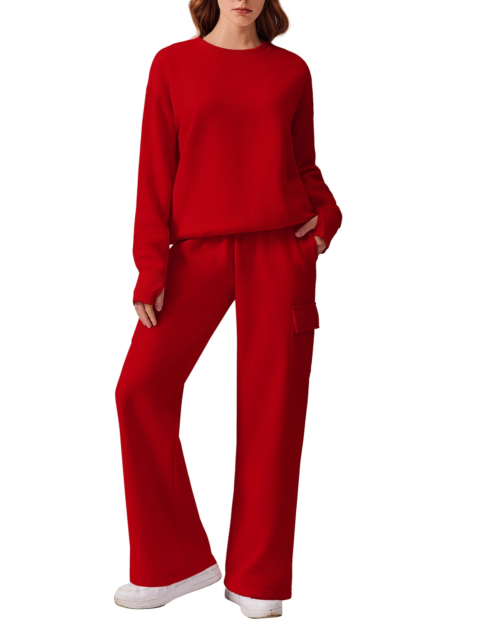 PINSPARK Women's 2-Piece Fleece Sweatsuit Set - Oversized Sweatpants & Wide Leg Cargo Pants with Pockets & Thumbholes | Cozy Lounge Wear for Winter 2025 | Perfect for Home, Gym & Casual Outings